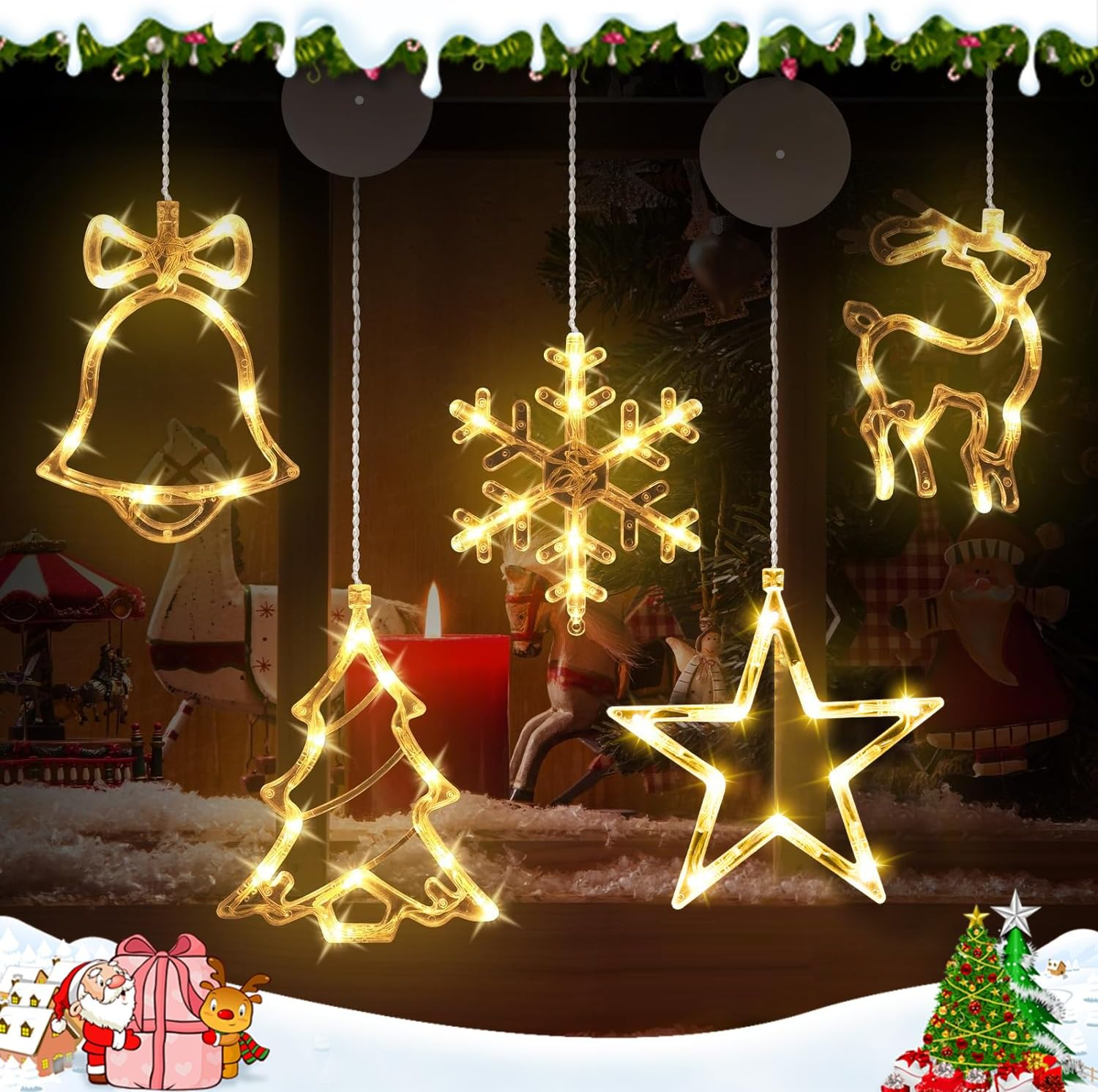 Christmas Decorations|5Pcs LED Christmas Window Lights Silhouette Decoration Lighted Bell-Tree-Reindeer-Snowflake-Star Battery Operated with Suction Cup