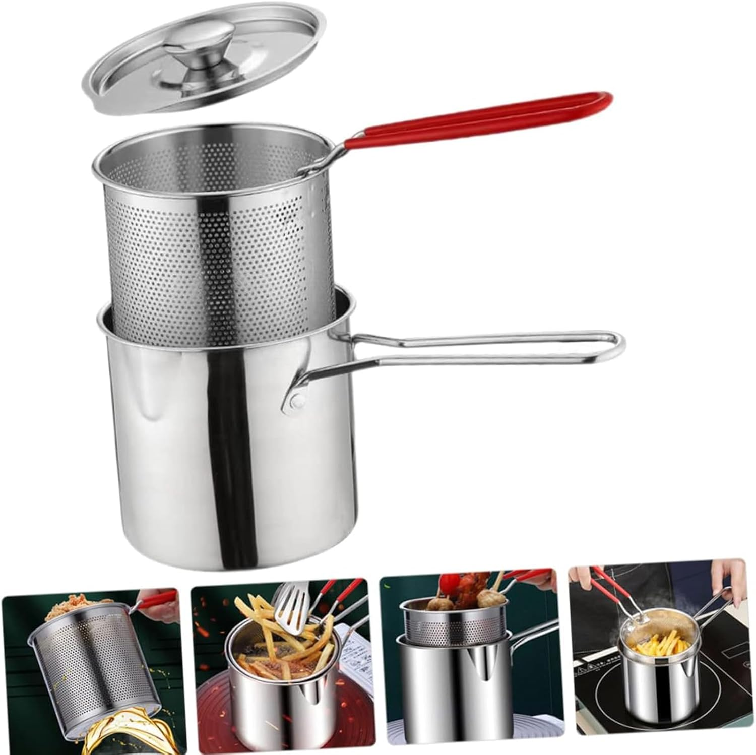 1 Set Kitchen Fry Pot Deep Frying Basket Food Cooking Pot Mesh Fryer Basket with Fried Wire Baskets Deepen Milk Pan with Basket for Chip Fried Chicken