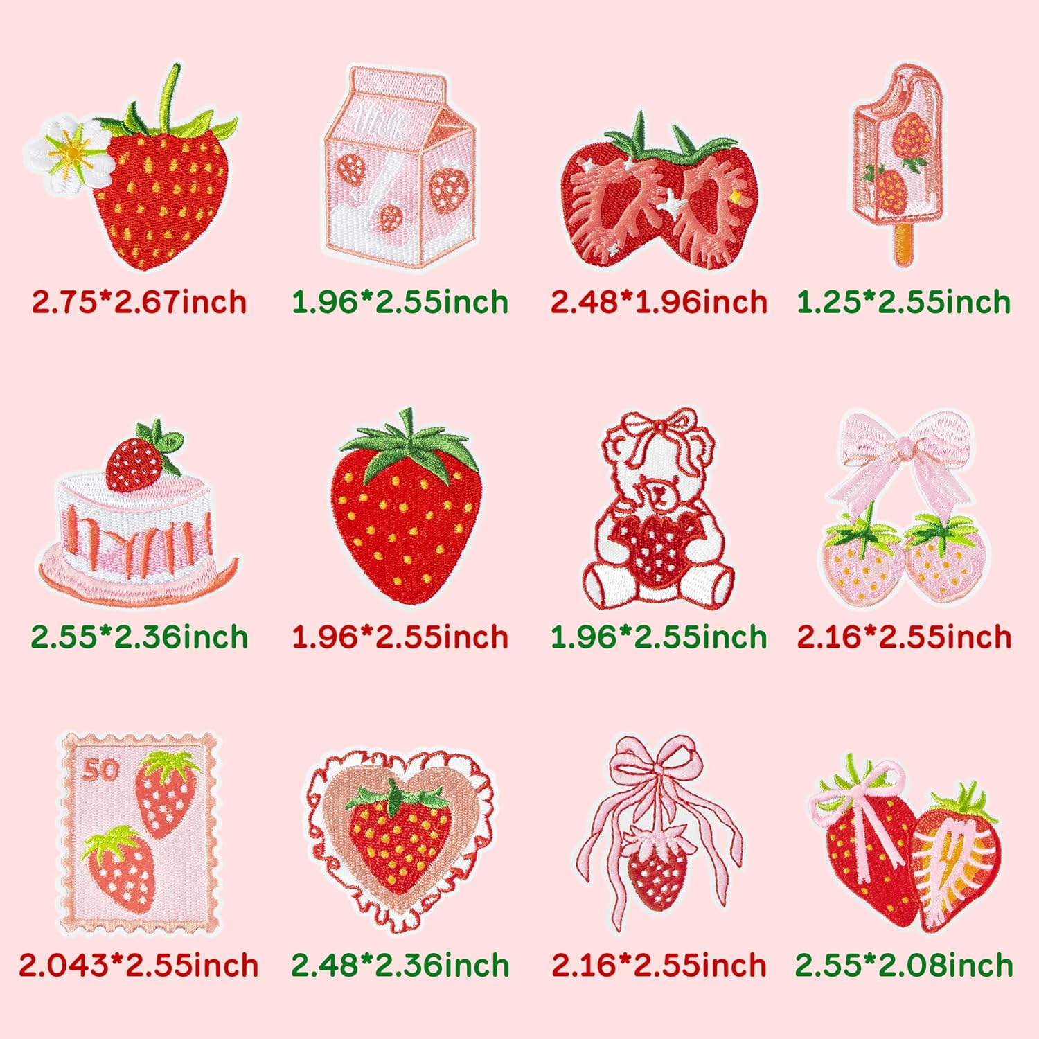 12Pcs Strawberry Iron on Patches Cute Fruit Cake Bow Sew on Repair Embroidered Applique Pink Red Coquette Aesthetic Girly Style DIY Craft Accessories Gifts for Preppy Girls Women Clothing Backpack Hat image number 4