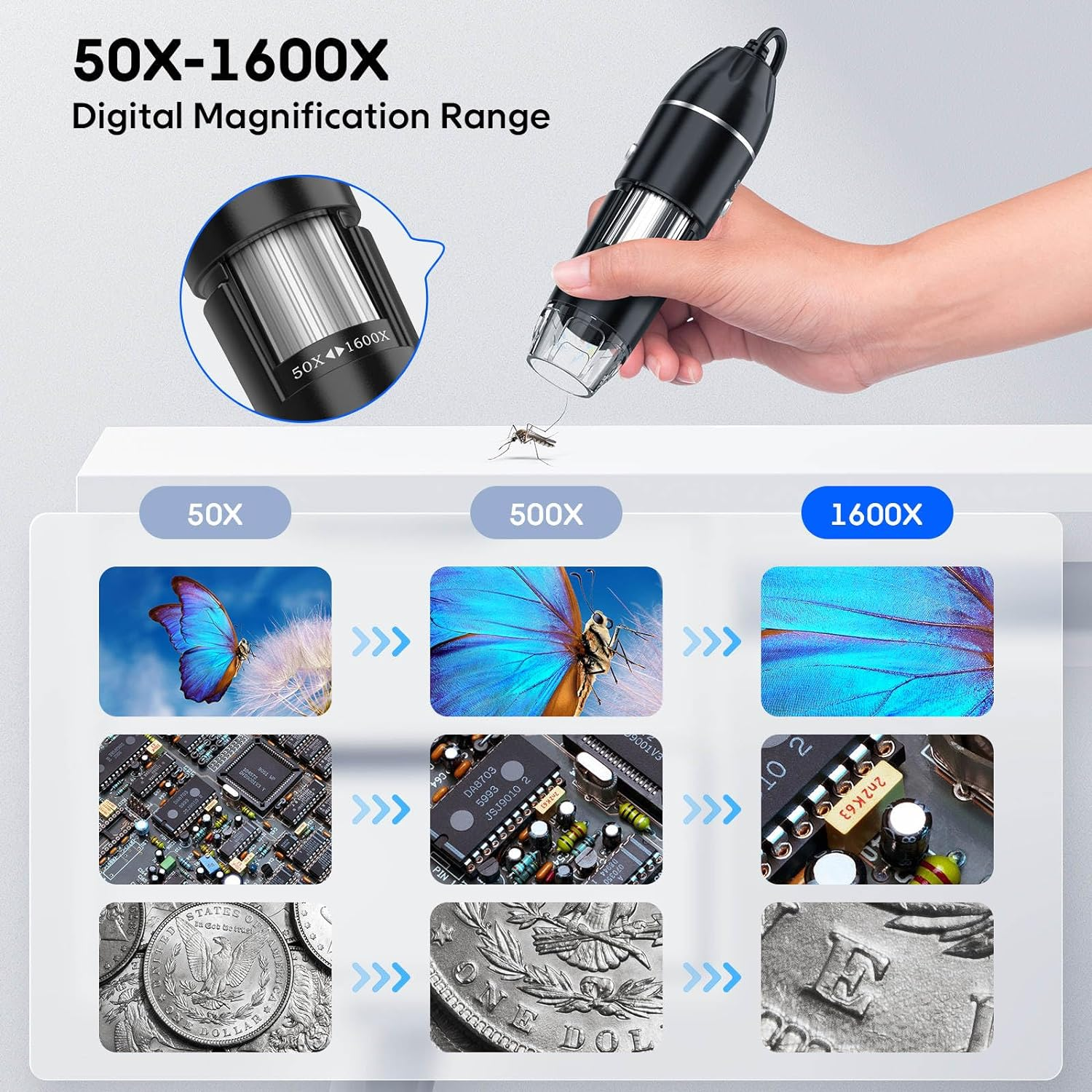 KEEMIKA USB Digital Microscope, 50X-1600X Magnification, 1440P HD, 8 LED Lights, Portable, Compatible with Ios and Android Devices, Black, Plastic and Glass, Achromatic Objective Lens image number 1
