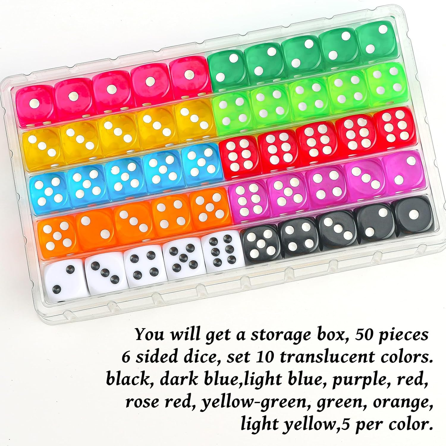 JMQU 16MM Colored Dice Set, 50Pcs 6 Sides Standard Bulk Large D6 Dice with Portable Plastic Box, 10 Colors Including Red Dice,Green Dice for Board Games,Parties,Classroom Math Games