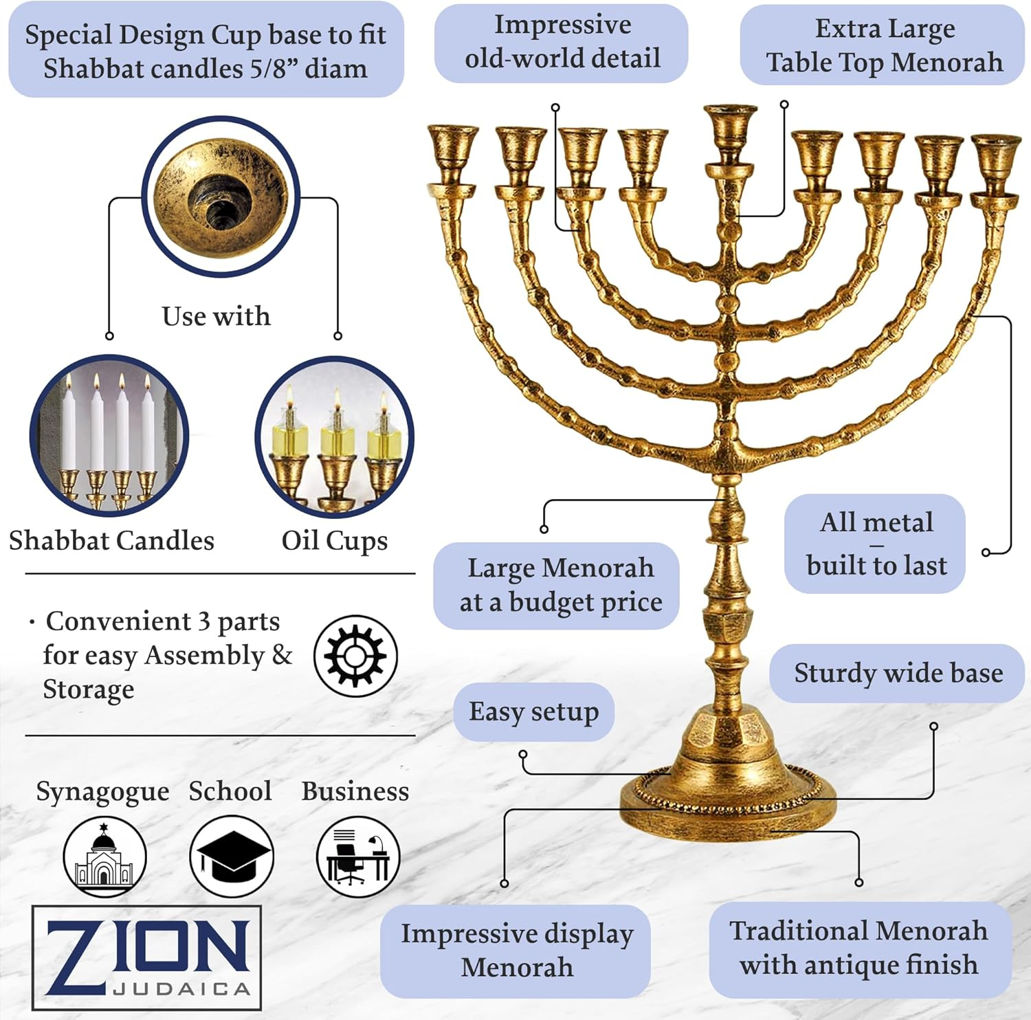 Zion Judaica X Large Traditional Menorah Uses Candles or Oil (Antique Gold) 21" Tall image number 6