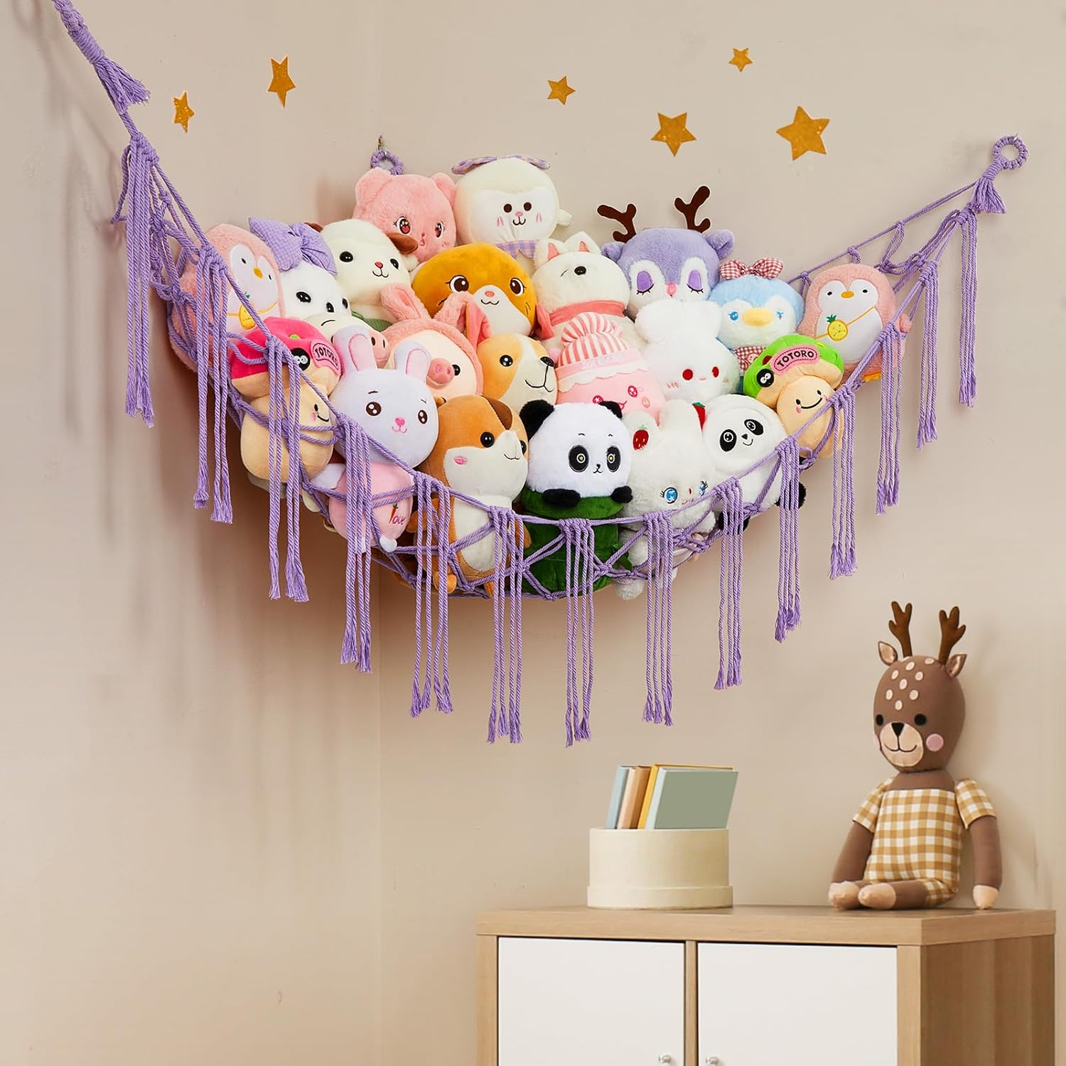 Unicorn Castle Triangular Stuffed Toy Storage Net Hammock Organizer, Purple, Cotton, Triangular, 59 X 39.37 X 59 Inches, 5 Pounds Capacity, Boho Wall Hanging Decor for Nursery, Playroom, Bedroom