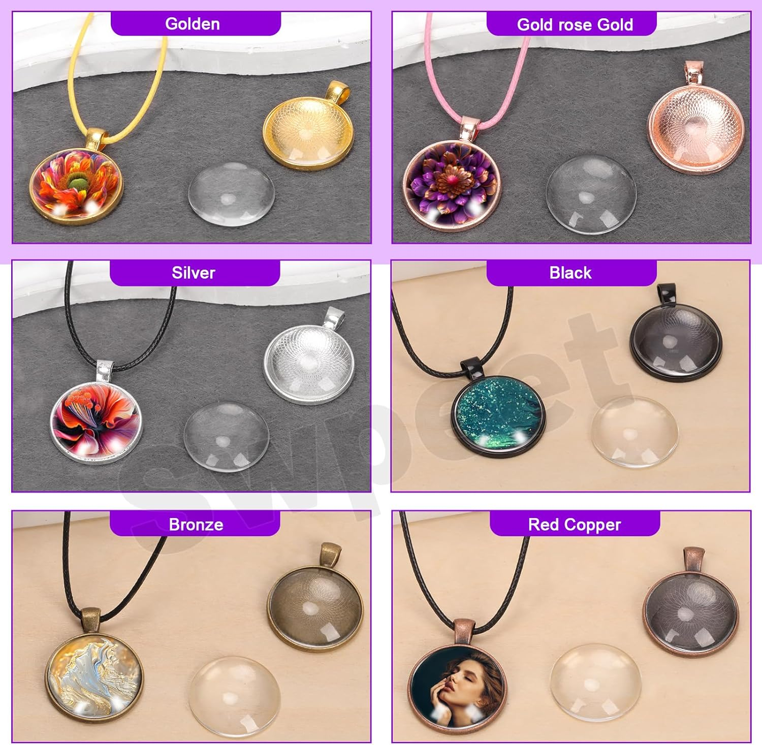Swpeet 61Pcs 6 Colors round Pendant Trays Set for Jewelry Making, 30Mm round Bezel Pendant Trays, Clear Glass Cabochons, Chain and Waxed Necklace Cord for Photo Pendant image number 1