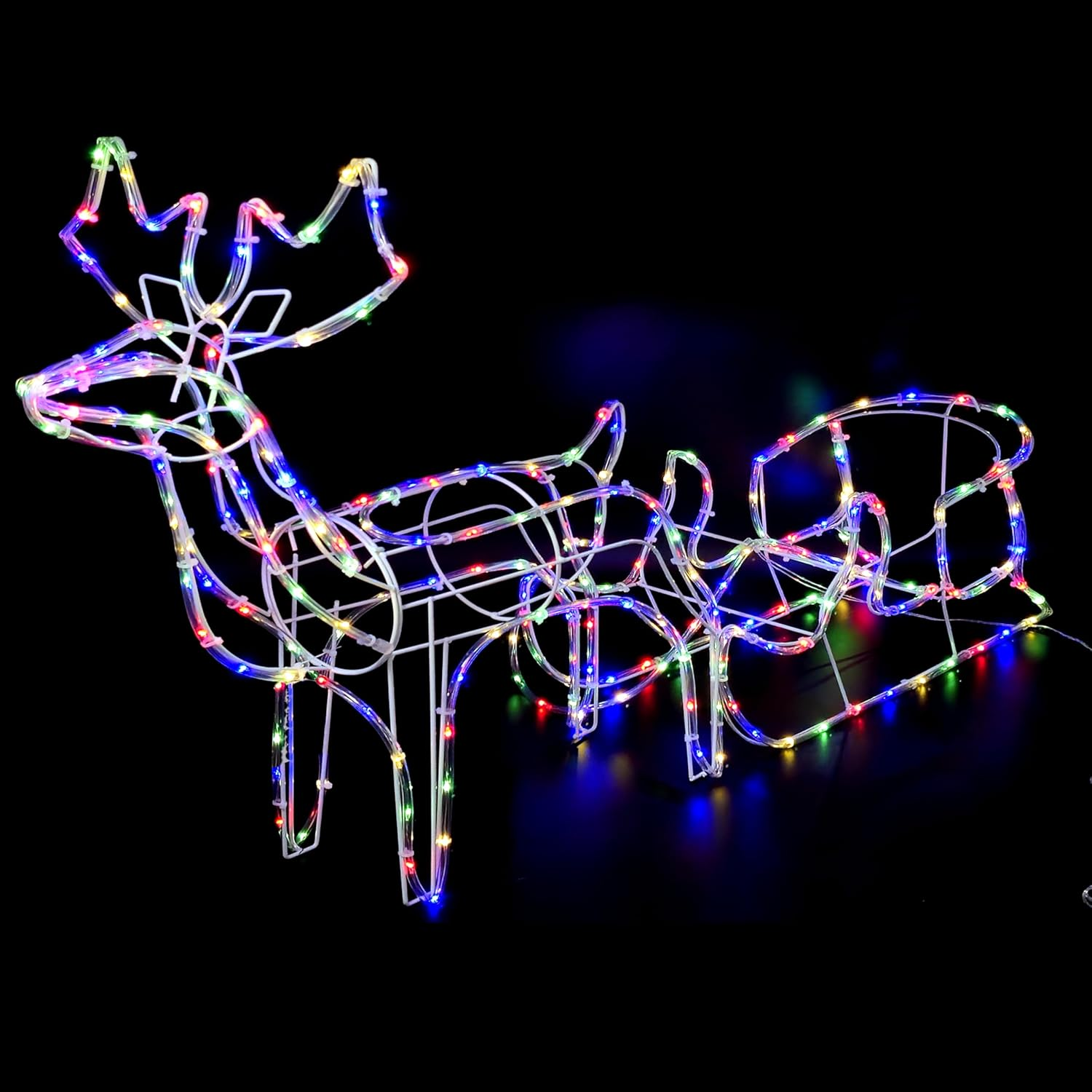 Reindeer Sleigh Lights Outdoor Christmas Decoration, 288 LED 3D Reindeer with Santa' Sleigh Mains Powered, Christmas Deer Sled Display Lights for Yard Lawn Porch Patio Decor ﻿ (Multicoloured)