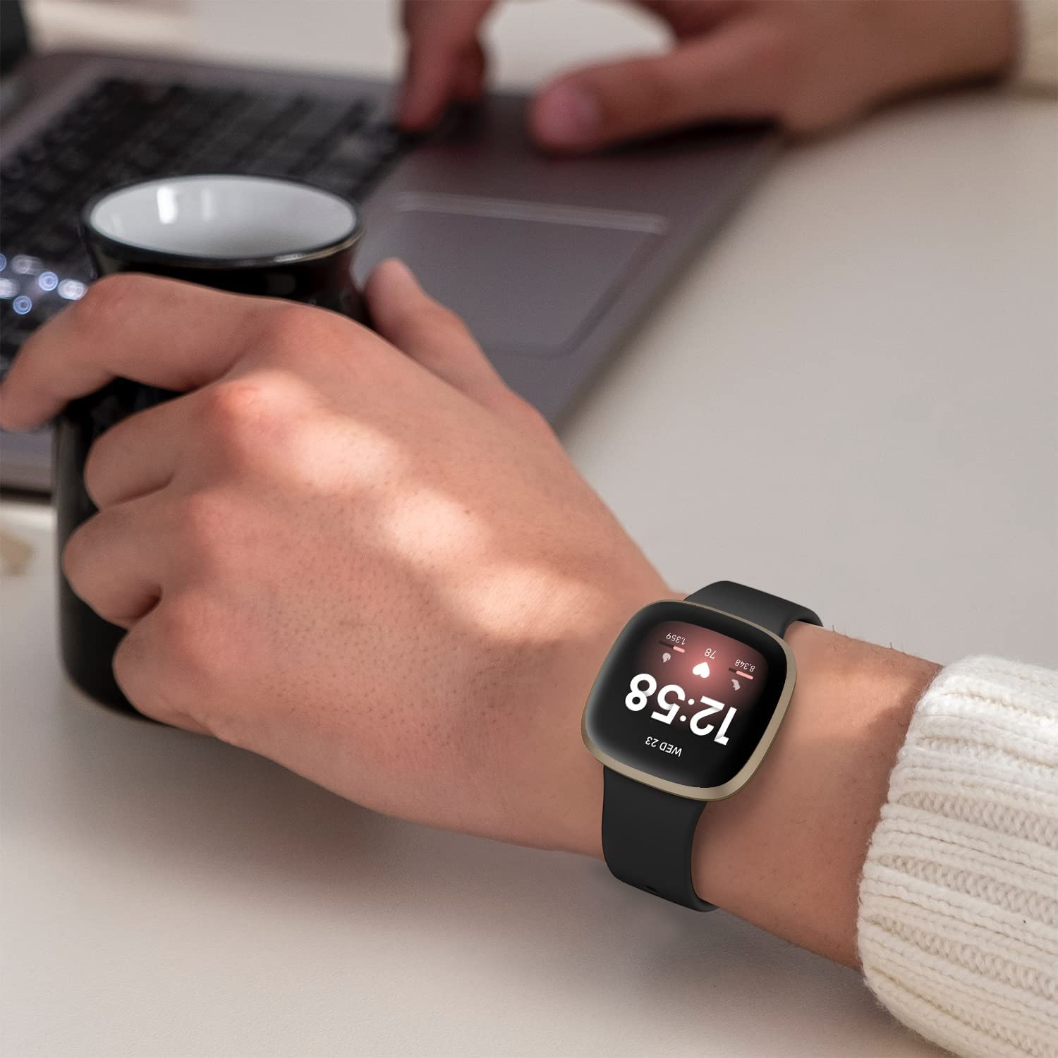 WAESRY [4 Pack] Silicone Bands for Fitbit Versa 3 Bands, Sense Band, Soft Adjustable Sport Replacement Wristbands Women/Men / Sense, Black + Navy Light Green Burgundy image number 6