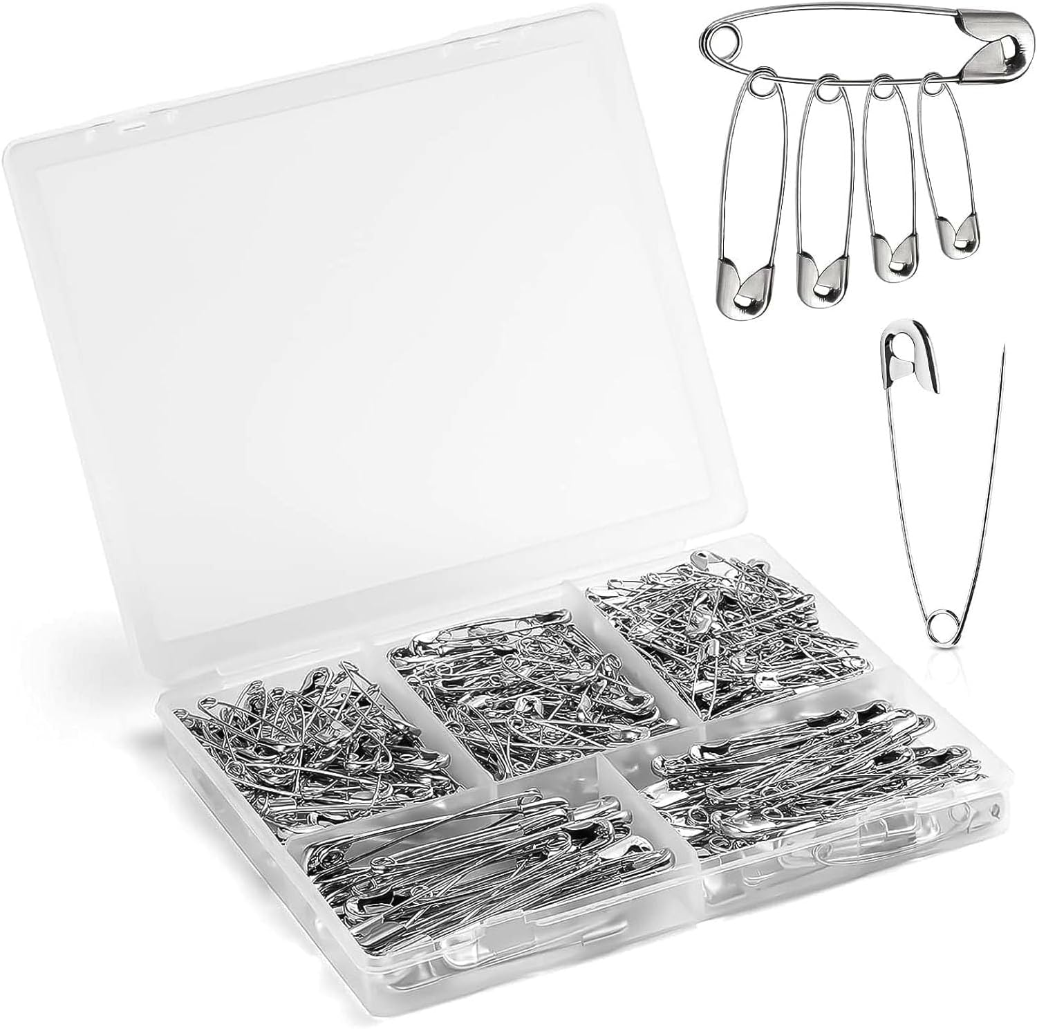 CJESLNA Safety Pins Assorted, 300 Pack Safety Pins, 5 Different Sizes Heavy Duty Safety Pin, Safety Pins Bulk, Small Large Safety Pins for Clothes, Sewing, Arts, Crafts（Silver） image number 4