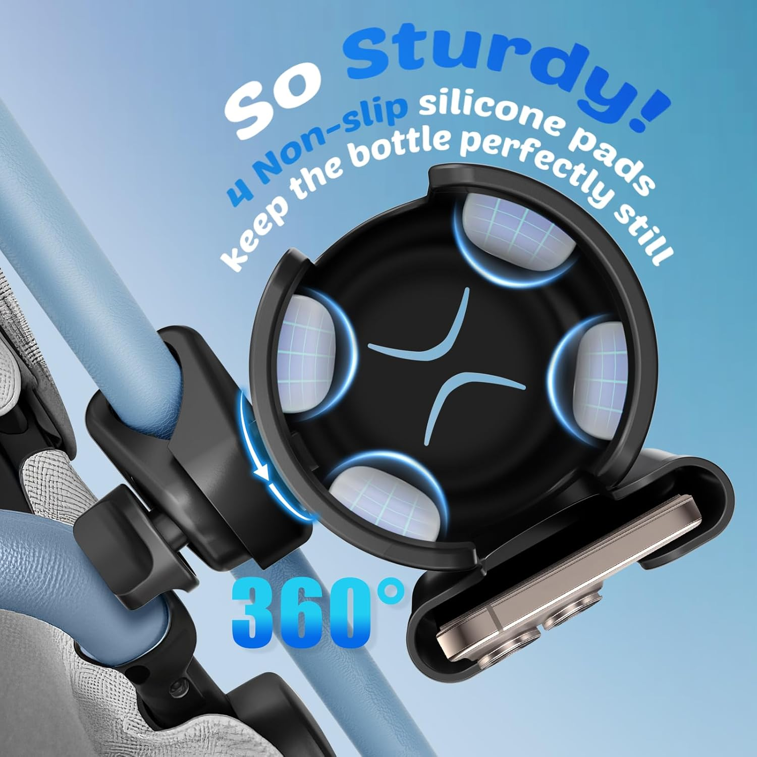 Guiseapue - Stroller Cup Holder with Phone Holder, Universal Bottle Holder for Wheelchair Walker Bike Scooter Stroller Accessories for Uppababy Nuna Bugaboo Doona Stroller Gifts for Women Mom Men - Black-2 image number 6