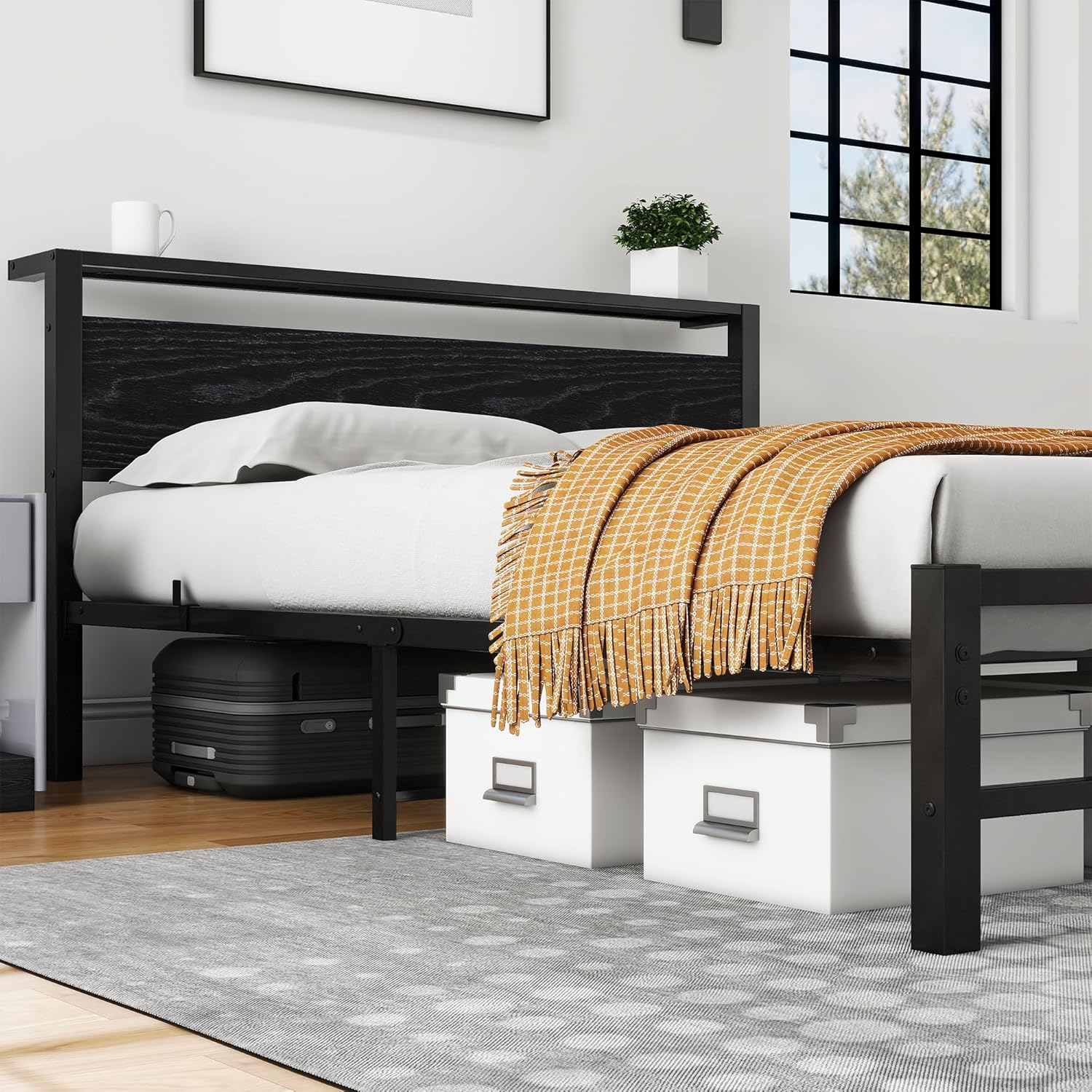 Queen Bed Frame with Wood Storage Headboard, Metal Platform Bed Frame Queen Size No Box Spring Needed, Strong Slats Mattress Foundation, Non-Slip Noise Free, Easy Assembly, Black image number 5