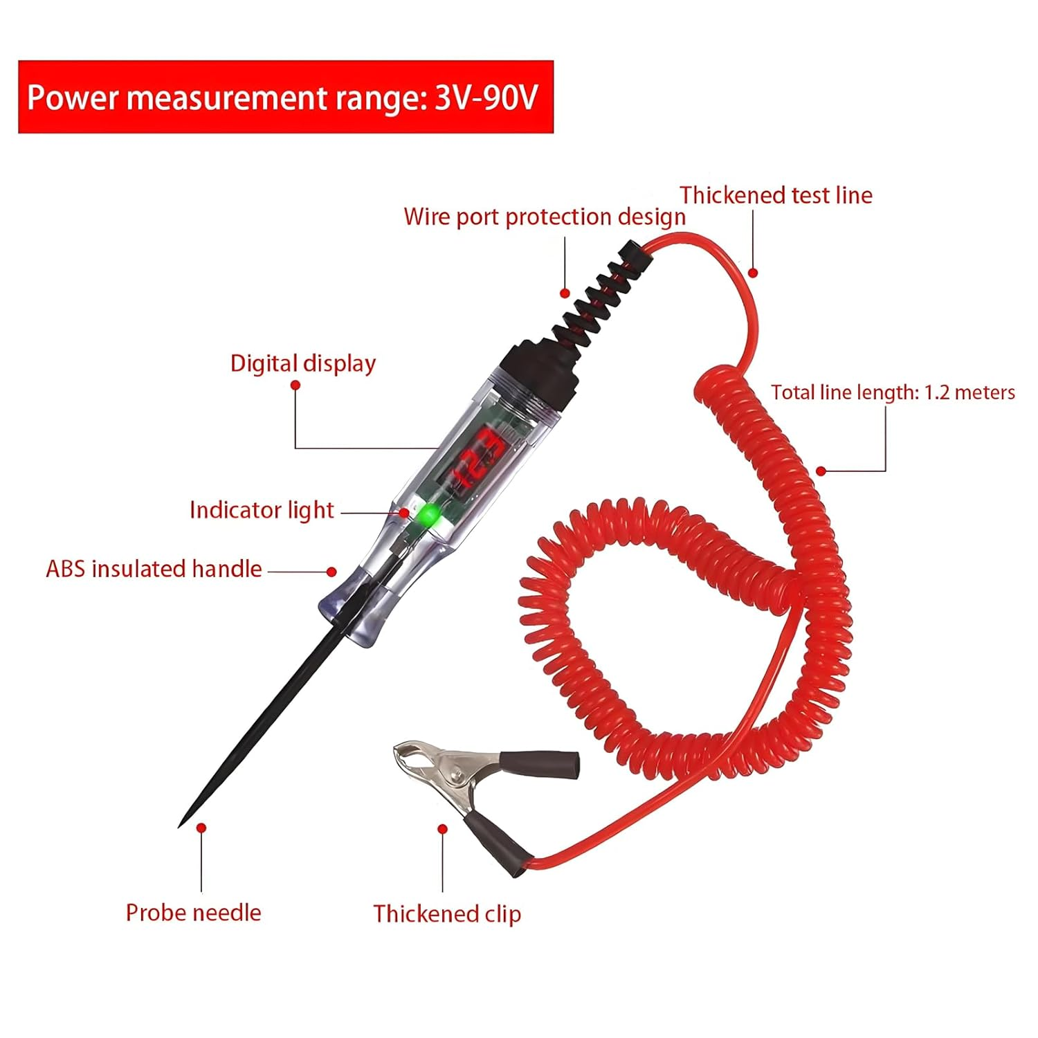 Yeanifeana Digital LED Circuit Tester, 3-90V Automotive Test Light with Voltage Display, Bidirectional Electrical Tester with Long Probe for Cars, Trucks & RV Fuse Testing image number 4