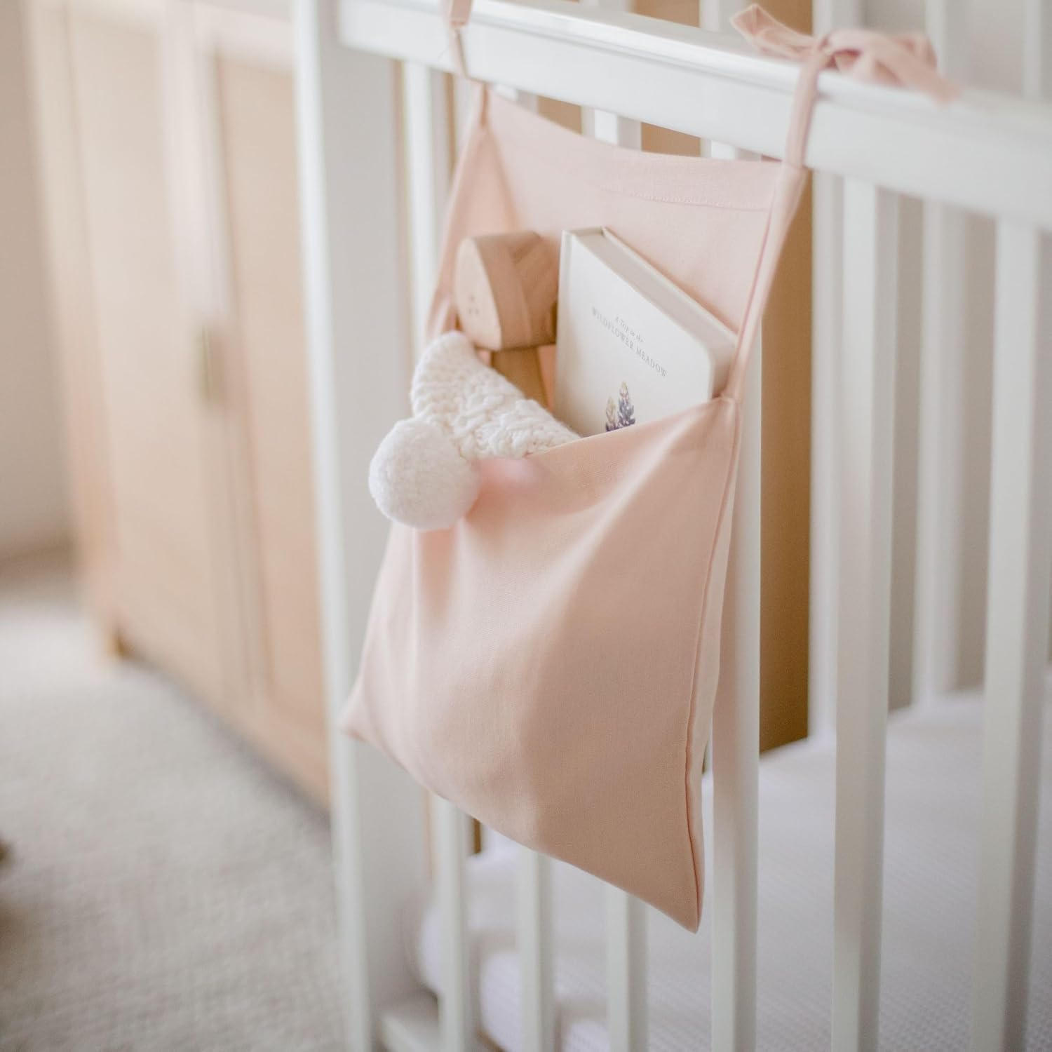 Nappy Caddy Hanging Organiser Bag for Baby Cribs or Cot - 26 X 35Cm - Single Pocket Linen Storage for Small Toys, Books, Drool Bibs, Molar Toys, Plushies, Diapers, Teether, and Pacifiers - Light Pink image number 2