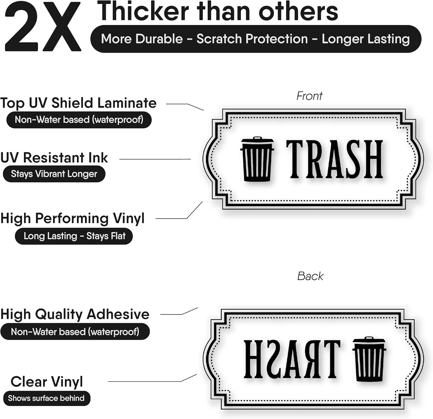 Recycle and Trash Stickers for Garbage Cans &ndash; Blue Premium Clear Vinyl Recycling Bin Labels &ndash; 4 Pack - 6.7" by 3.15" Decals Logo - Waste Signs for Home Kitchen or Office Bins Indoor/Outdoor Use