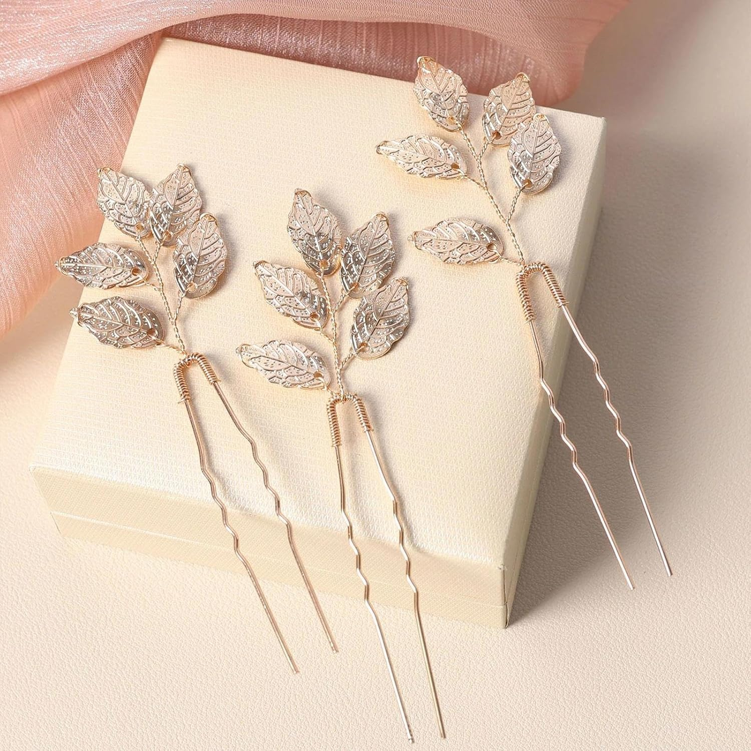 Dinghaole 3Pcs Golden Leaf Hair Clip Wedding Accessory - Elegant U-Shaped Hair Clip, Women'S Decoration, Suitable for Brides to Give Gifts, Dances, Party Styling. image number 2