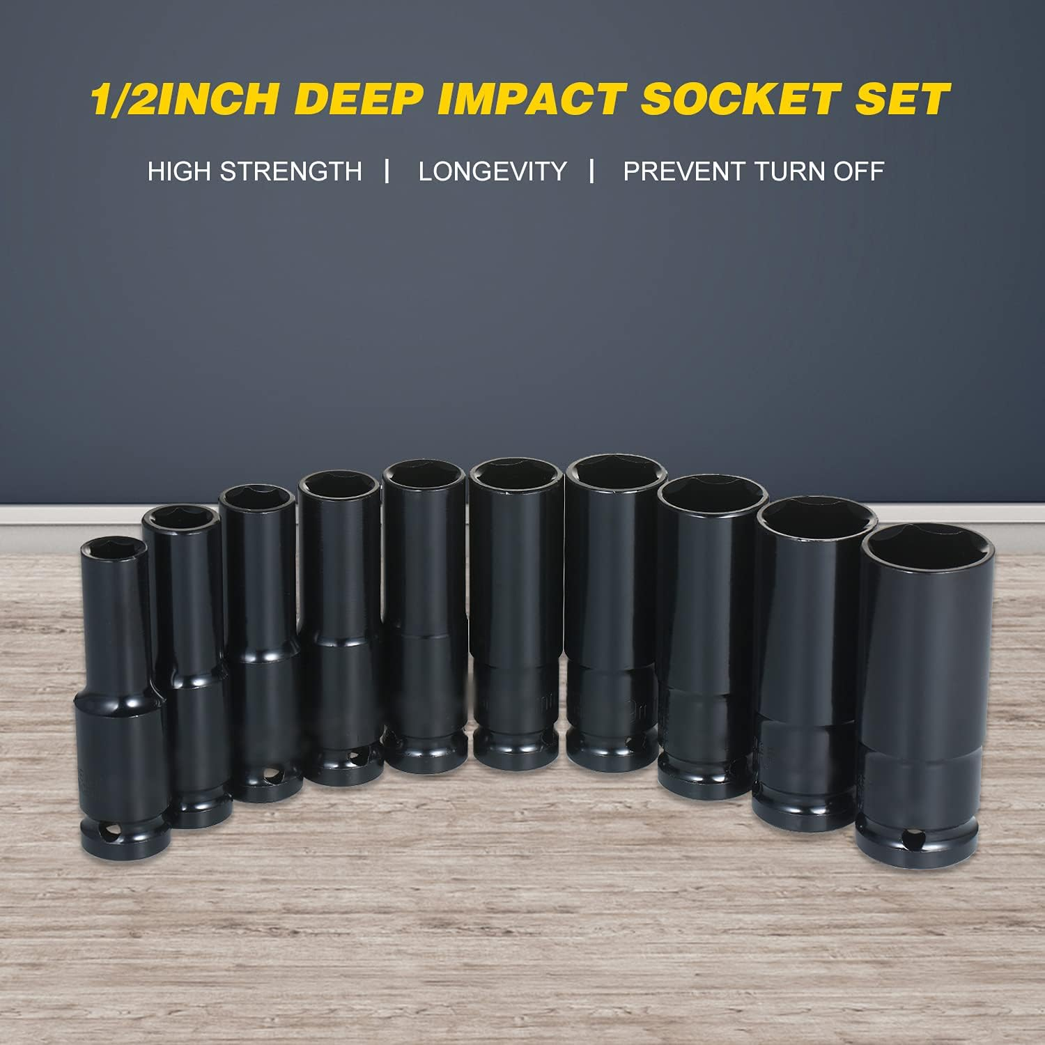 Yasao 1/2Inch Drive Hex Impact Socket Set 10-Piece Deep Socket Metric Sizes 8-19Mm Carbon Steel with Storage Box