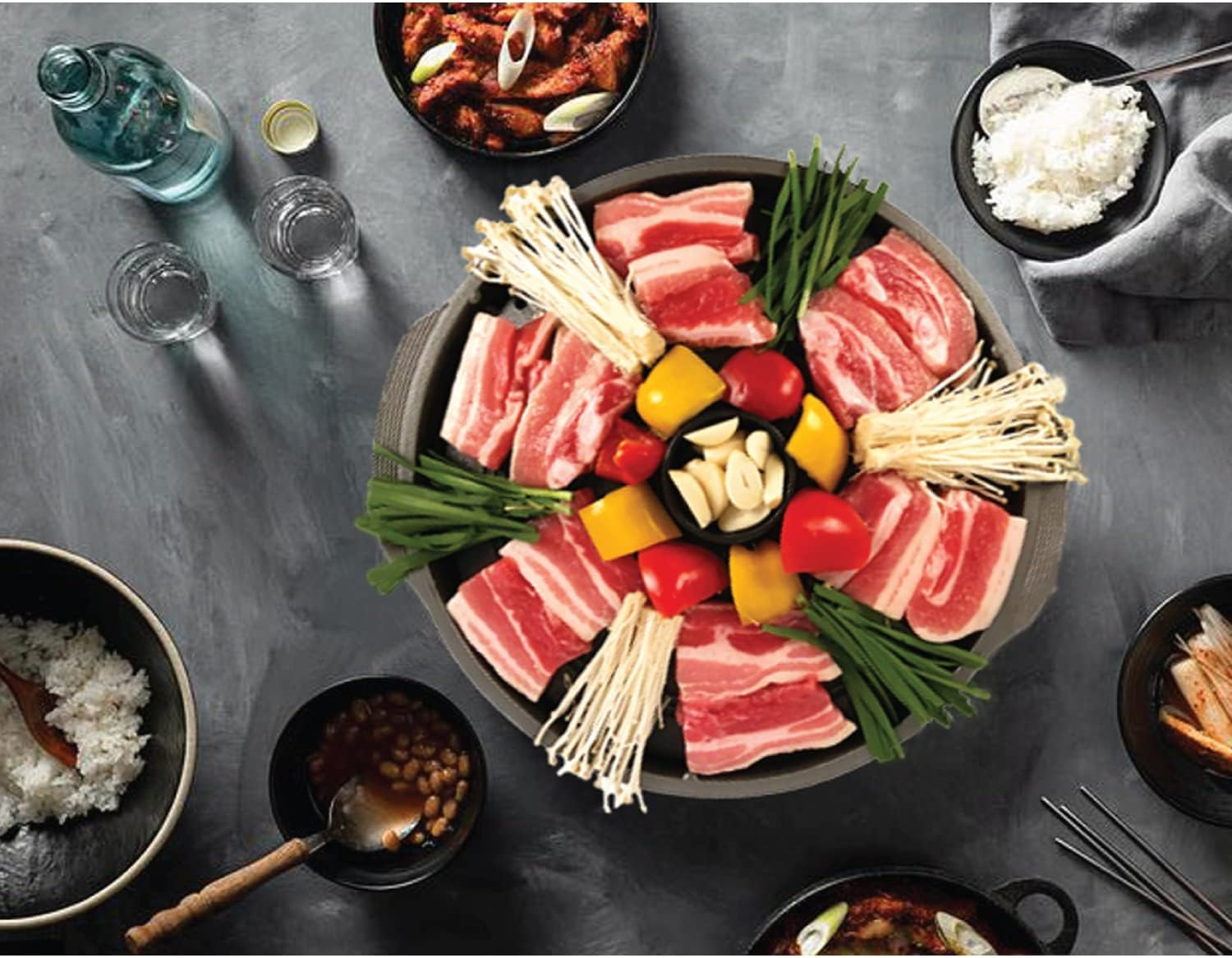 Cookking Korean Traditional BBQ Grill Pan, Cauldron Lid Shapestovetop Nonstick Indoor/Outdoor Smokeless BBQ Cast Aluminum Grill Pan image number 2