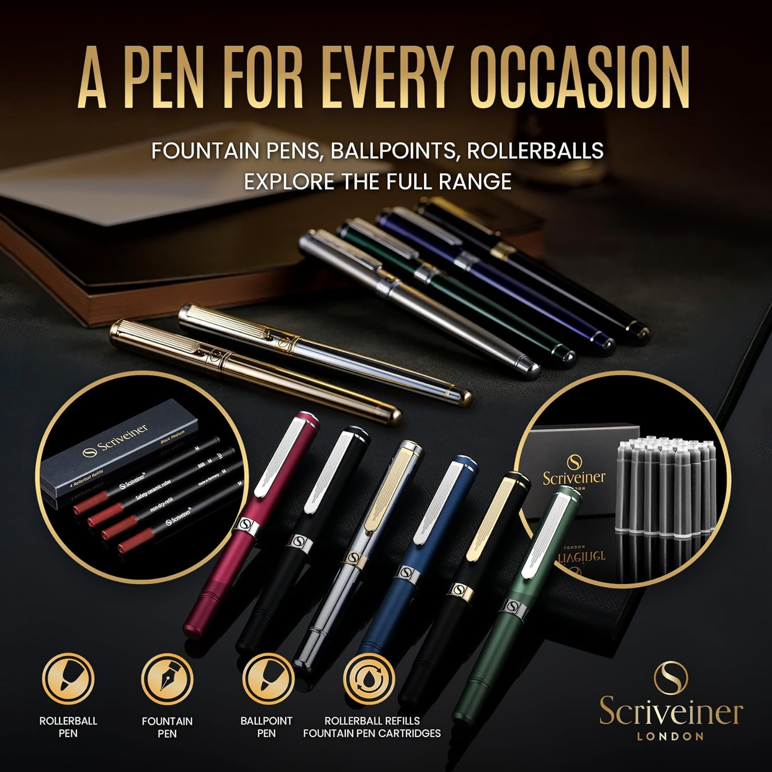 Scriveiner Silver Chrome Fountain Pen - Stunning Luxury Pen, Real Gold Finish Schmidt Gilded Nib (Medium), Best Pen Gift Set for Men & Women, Professional, Executive Office, Nice Pens image number 3