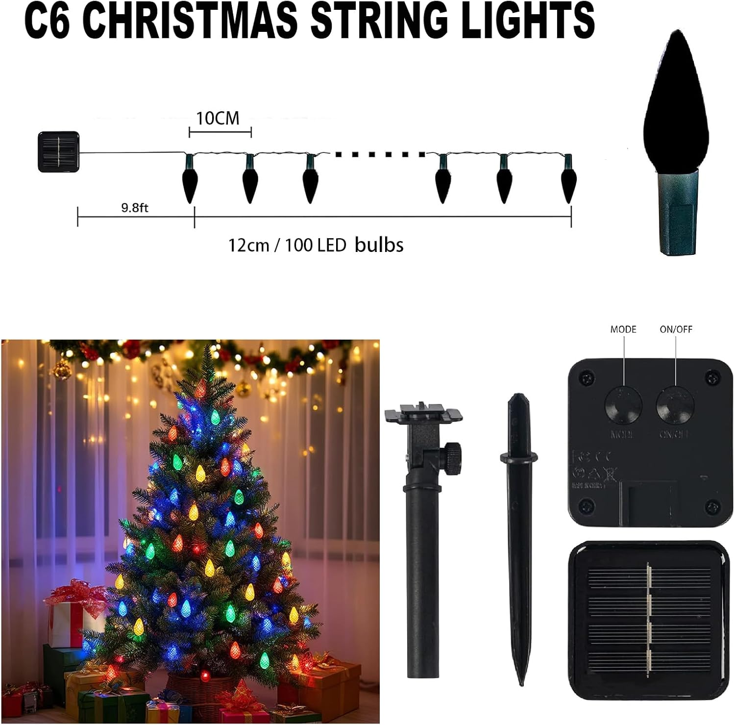 C6 Solar String Lights Outdoor Waterproof Fairy Lights, 100 Leds Multicolor Solar Christmas Lights Outdoor, Christmas Decorations for Christmas Garden Yard Fence Patio Party Decor (100 Leds) image number 6