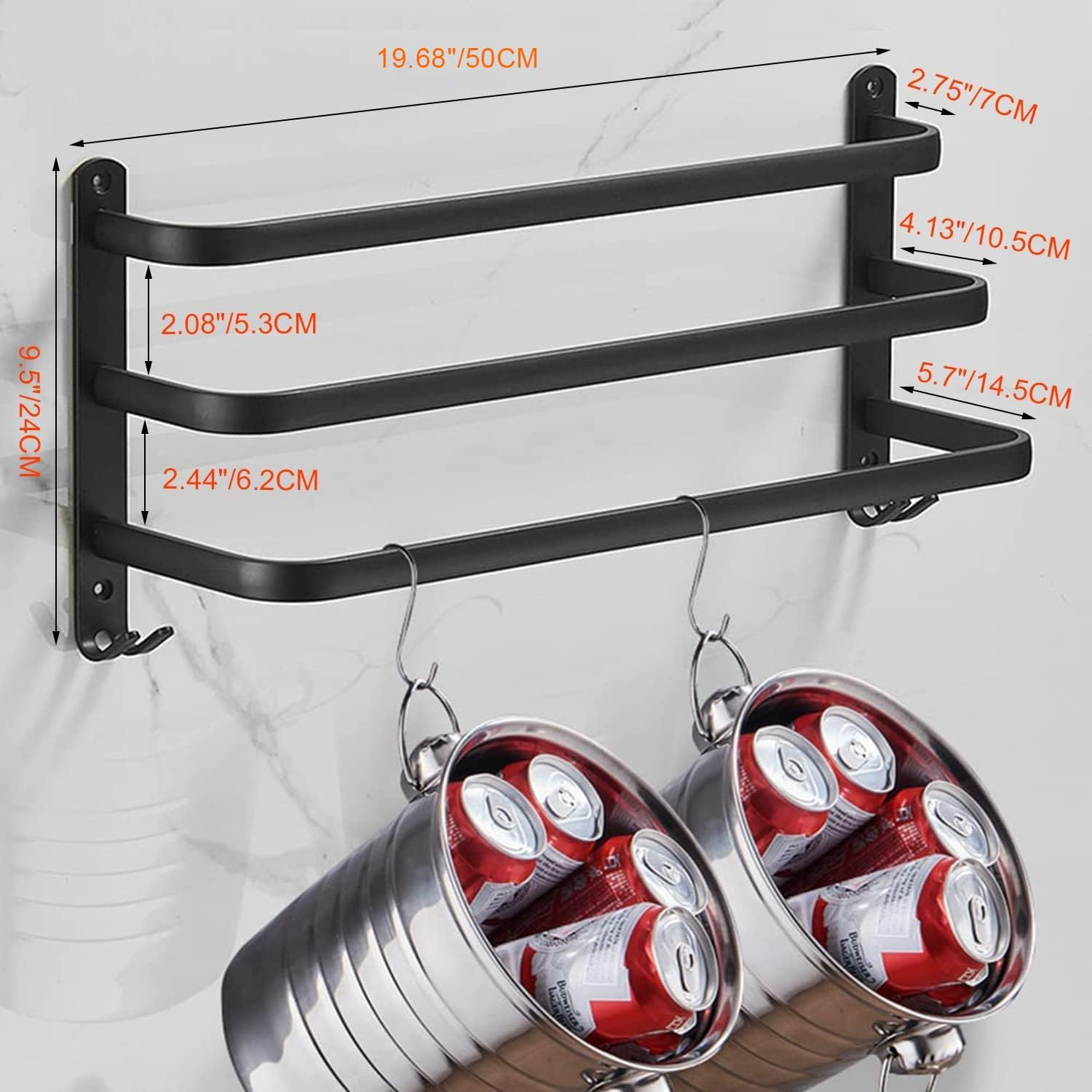 50CM Bath Towel Bars Towel Racks for Bathroom Lavatory, Bathroom Accessories 3-Tiers Ladder Hand Towel Holder with 2-Hooks, Wall Mount Towel Hanger Rail for Washroom Kitchen Space Saving 3 Bars image number 1