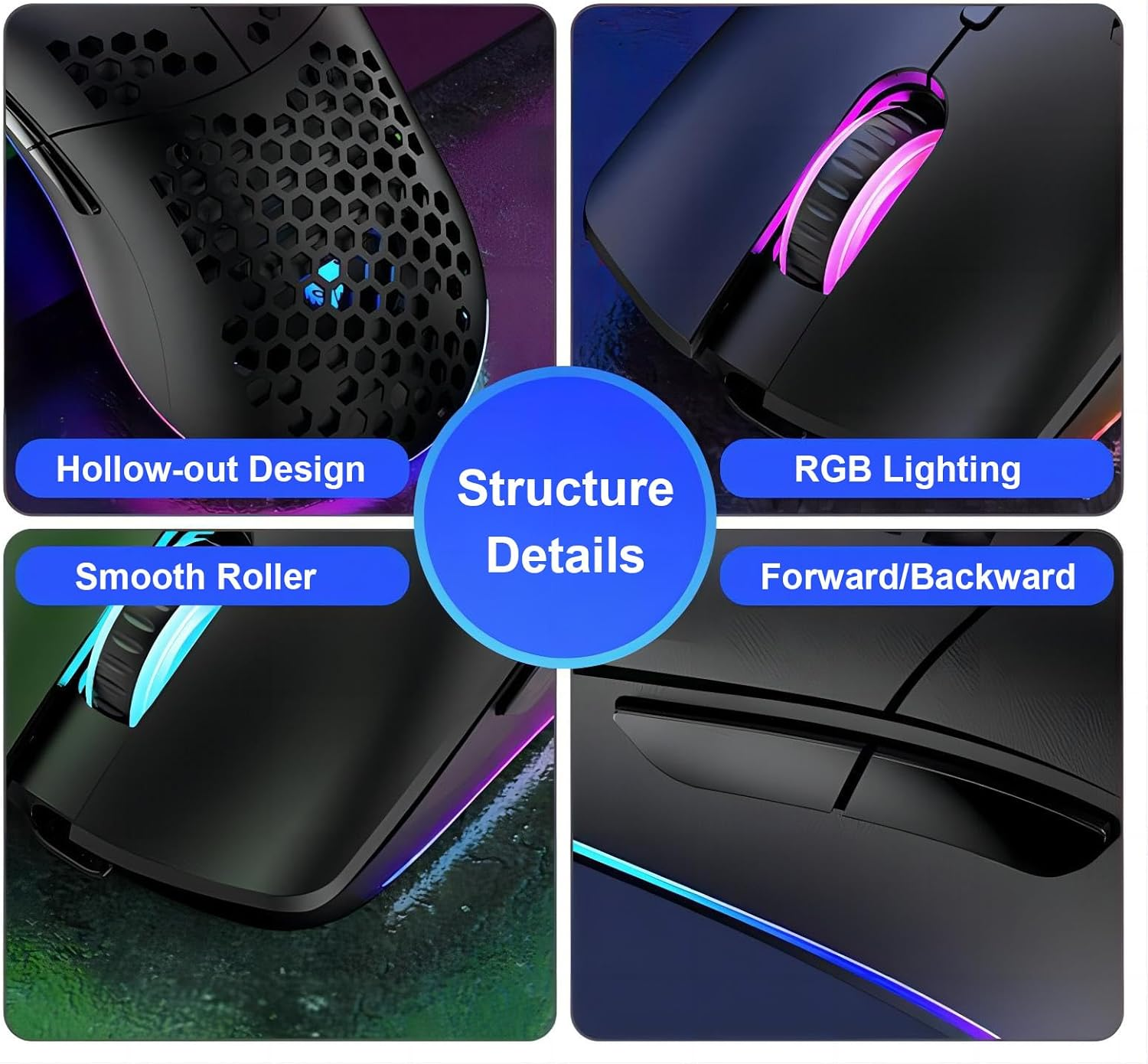 Mengshen Wireless Gaming Mouse Honeycomb, RGB Game Mice with Lightweight Shell High Precision Optical Sensor Adjustable 3200 DPI Ergonomic for Windows PC & Laptop Gamers (Black) image number 1