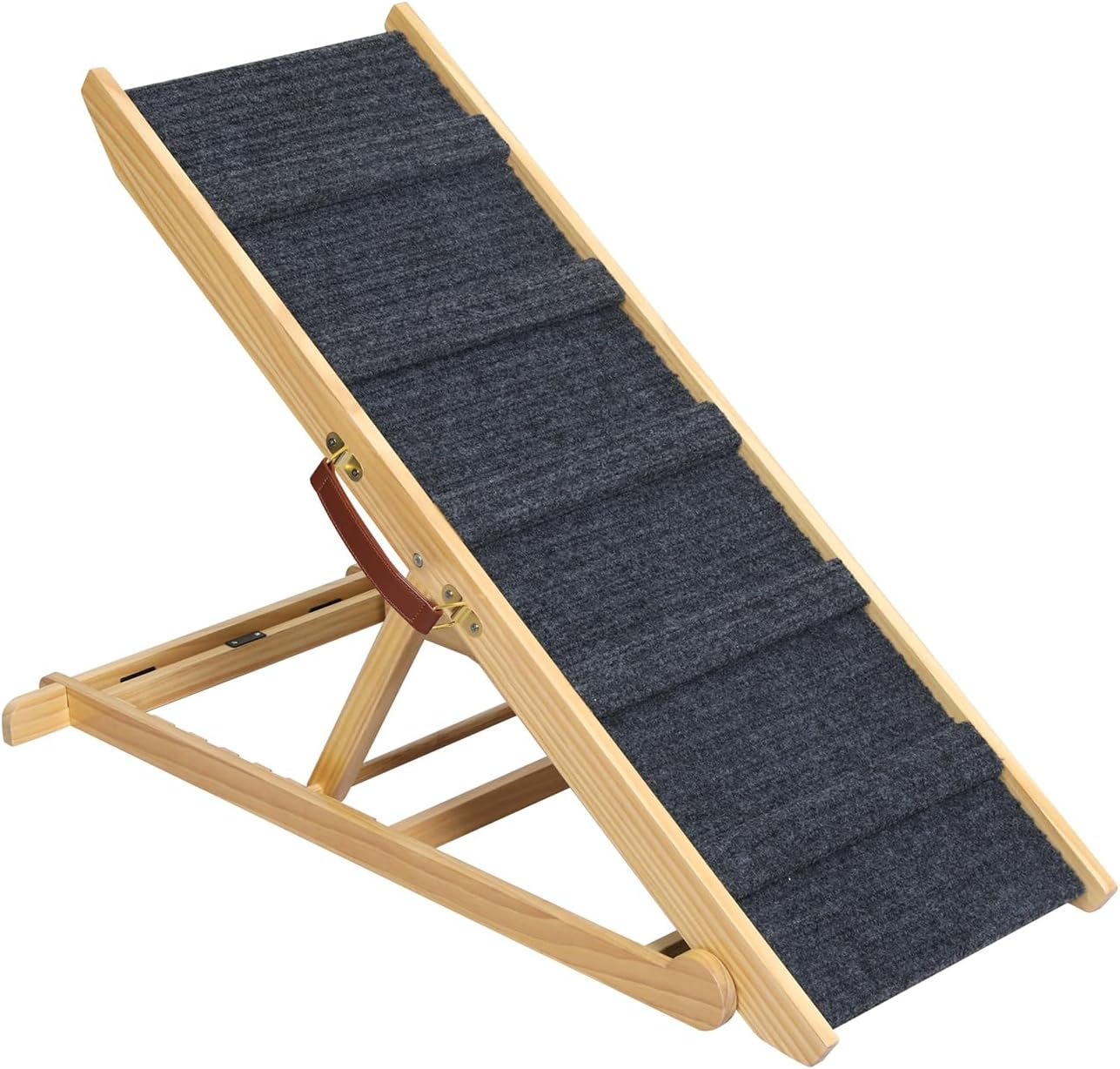 Pawz 100Cm Pet Ramp for Bed,5 Adjustable Height Dog Stair for Couch,Dog Ramp for High Bed Small Large Dog, Natural Wooden Folding Portable Cat Ramp Sofa，Non Slip Carpet Surface,Pu Handle,90Kg Capacity