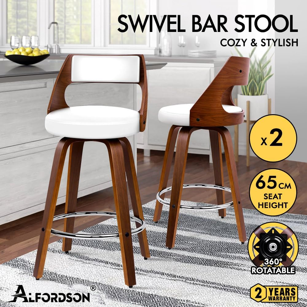 ALFORDSON Bar Stools 2X Swivel Kitchen Stool 65Cm Seat Height Wooden Counter Stool with Footrest and Adjustable Leg Levelers Leather Leather Dining Chairs for Home Bar Dining Room (Eden White)