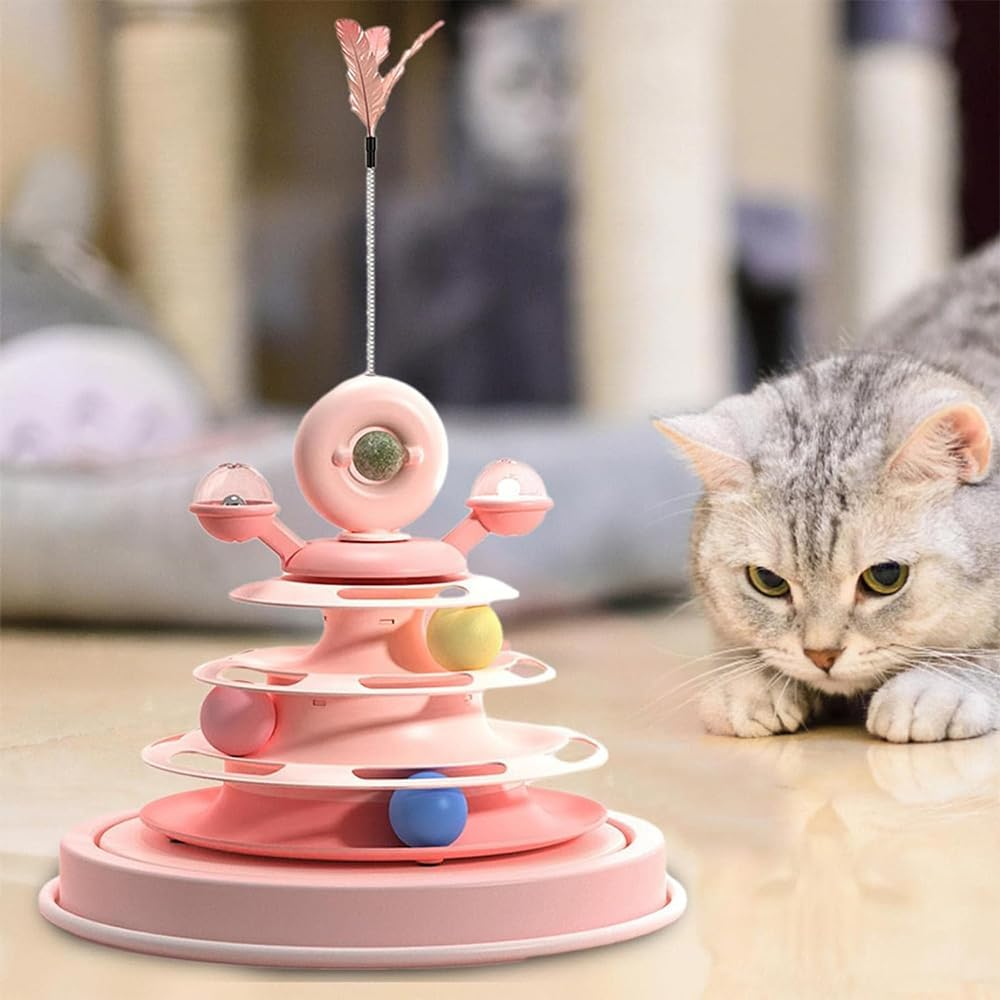 HYAVIA 4-Level Ball Track Cat Toy, 360&deg; Rotating Windmill Design with Feathers & Catnip, Interactive Indoor Cat Activity Toy for Play and Exercise