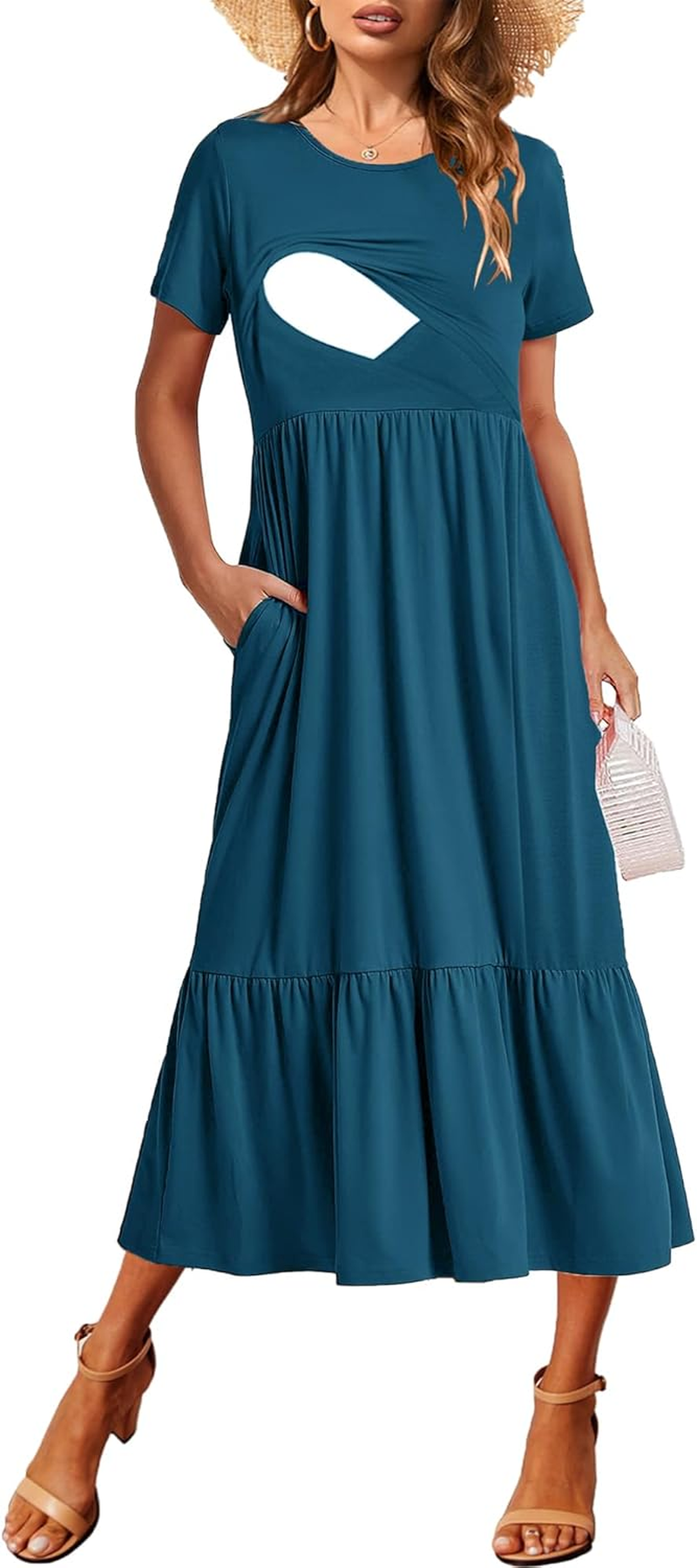 Women Nursing Short Sleeve Crew Neck Fall Dress Maternity Flowy Maxi Dresses Tiered Cocktail Dress with Pockets