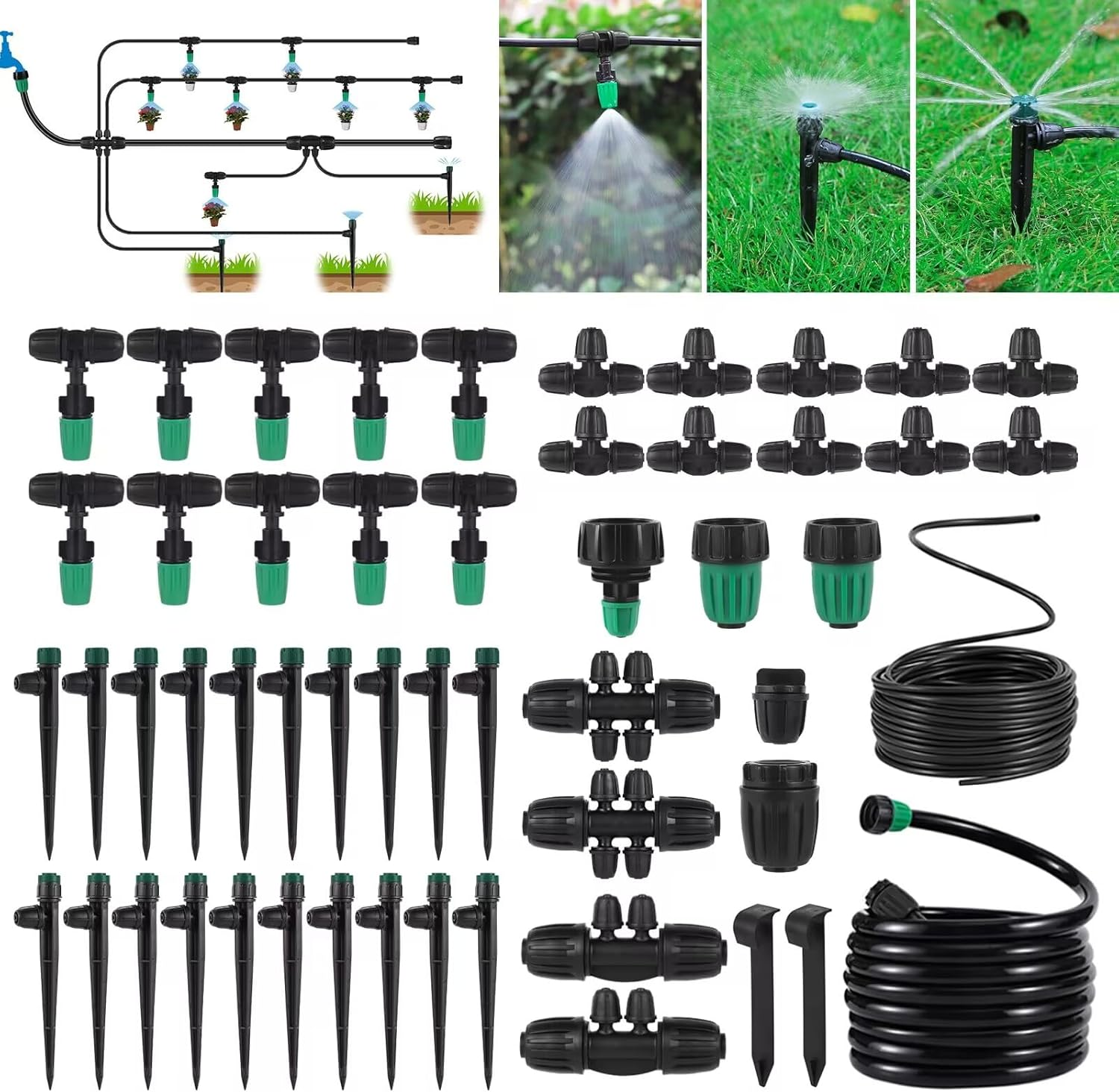 124FT Drip Irrigation Kit,Automatic Irrigation System Garden Watering Misting System with 1/4 Inch 1/2 Inch Irrigation Tubing Hose for Yard, Lawn,Greenhouse image number 4