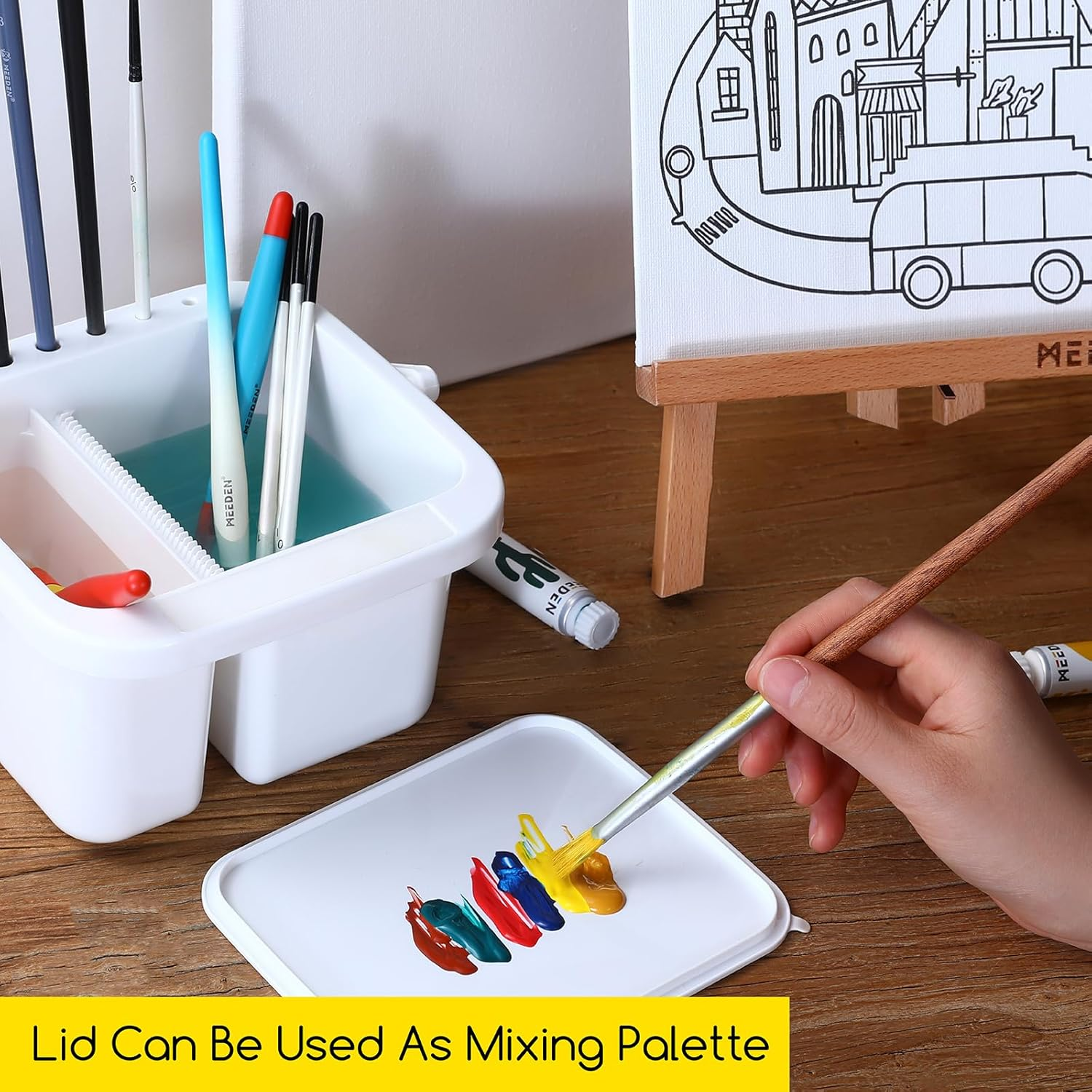 MEEDEN Multi-Function Plastic Brush Cleaner: 6 Hole Paint Brush Washer with 5 * 4'' Palette Lid - All-In-One Design for Art Lovers image number 2