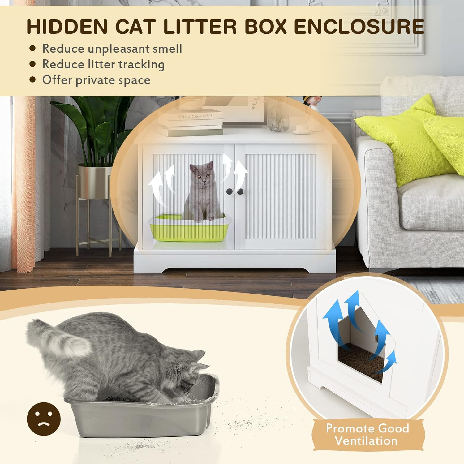 Costway Cat Litter Box Enclosure W/Scratching Pad, Adjustable Divider, Hidden Kitty Washroom, Indoor Pet House End Table Nightstand, Decorative Box Cabinet Storage Bench for Kitten & Large Cat image number 2