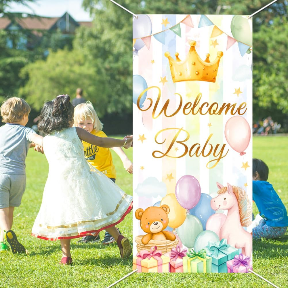 WADORN Welcome Newborn Backdrop, Newborn Shower Party Backdrop Decor Large Fabric Birthday Party Photo Banner Photography Background Photo Booth Props for Gender Revel Party 35.43X70.87 Inch