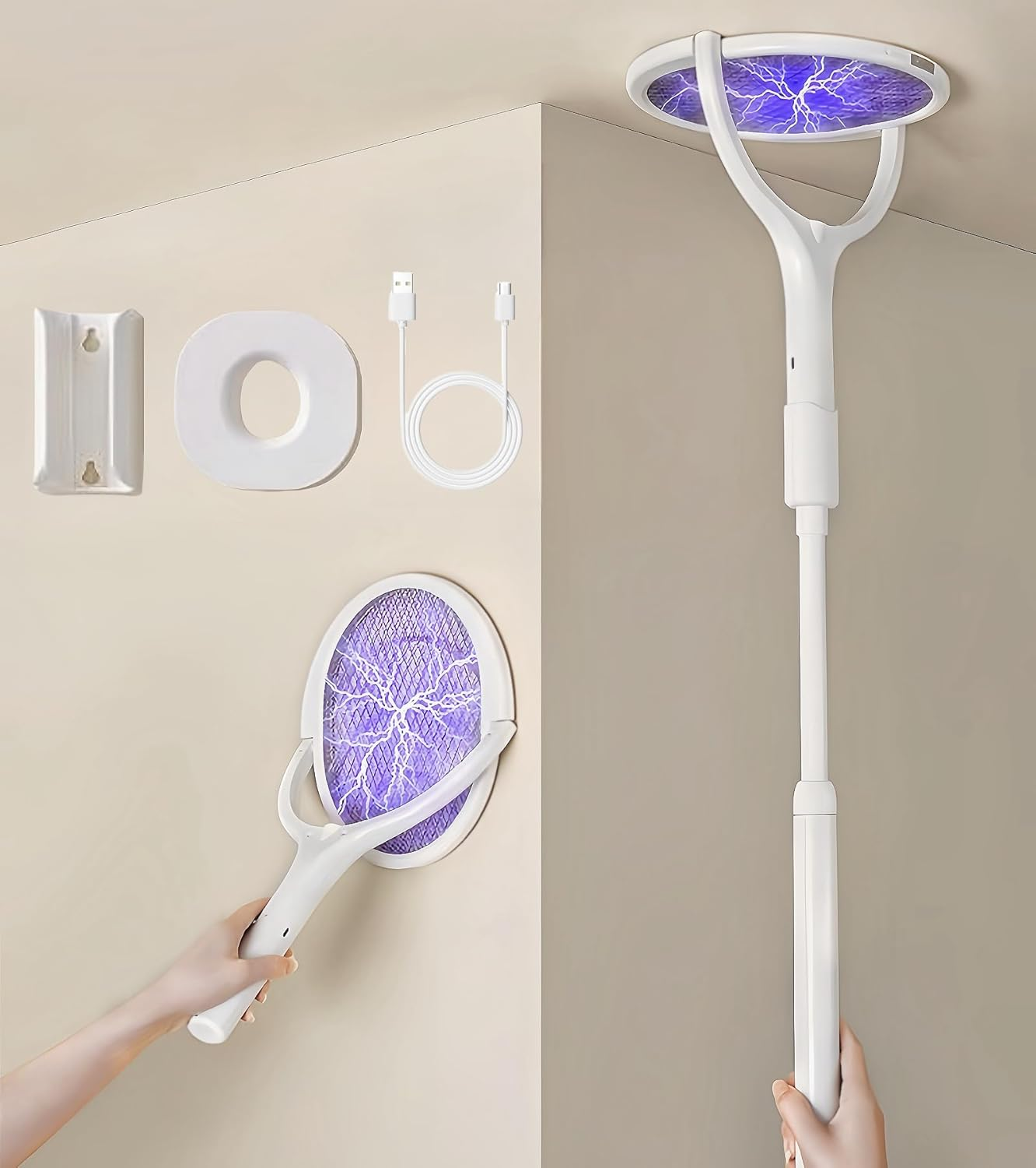 ZOCINS Rechargeable Electric Fly Swatter with Telescopic Extension＆Rotating Head, 3500V Electric Mosquito Swatter with 3 Layers Safety Mesh, Mosquito Repellent Bug Killer Fly Trap Indoor Outdoor image number 5