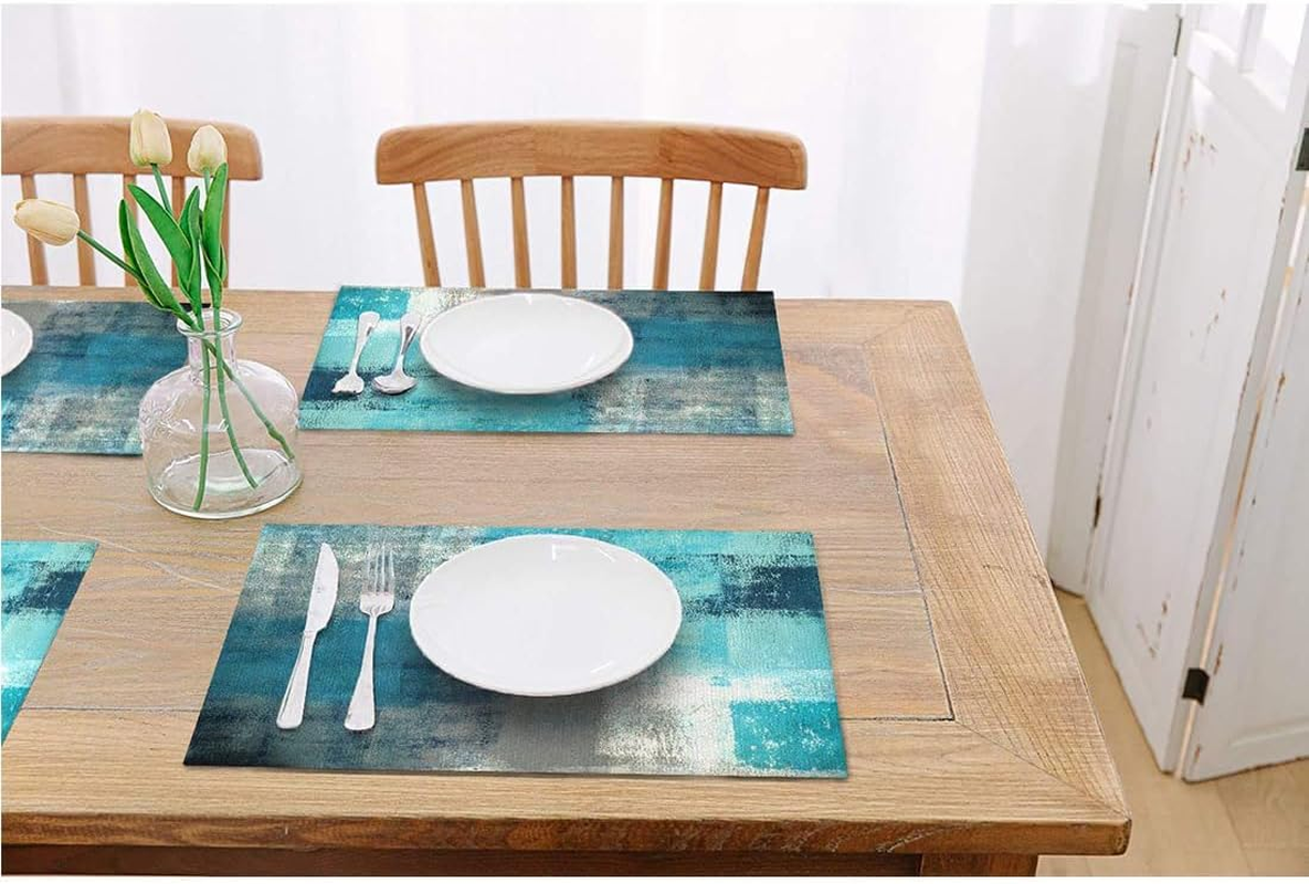 Linen Placemats Set of 4, Washable Modern Style Art Place Mats Set, Heat Resistant Non-Slip Table Mats Linen Teal Placemat for Cafe Dining Table Home Kitchen Decor (Turquoise Grey) image number 3