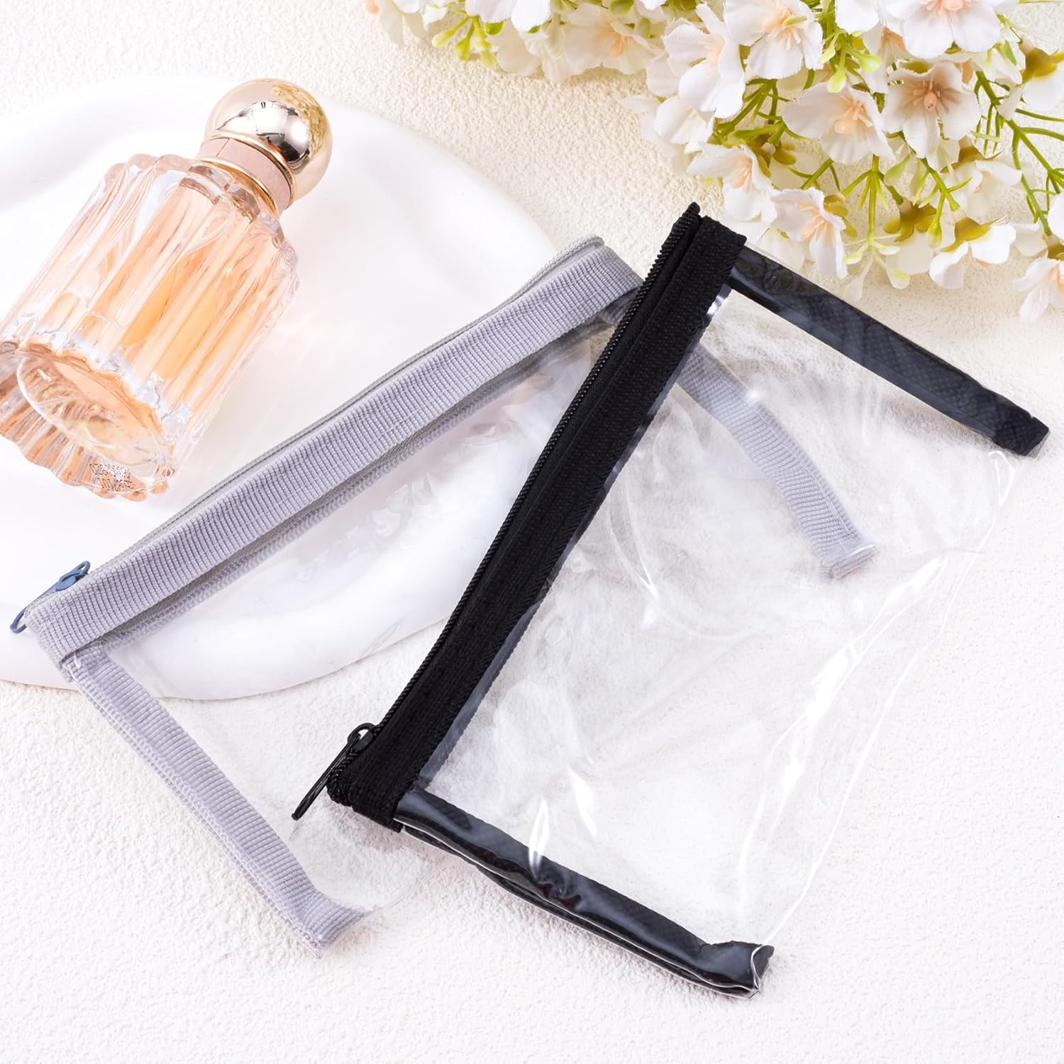 BEIQIYA 2Pcs Mini Clear Zipper Makeup Pouches, Small TPU Portable Cosmetic Bags, 6.3X3.5In Waterproof Makeup Pouch Purse Organizers for Jewelry Travel Supplies Storage- Black & Grey image number 1