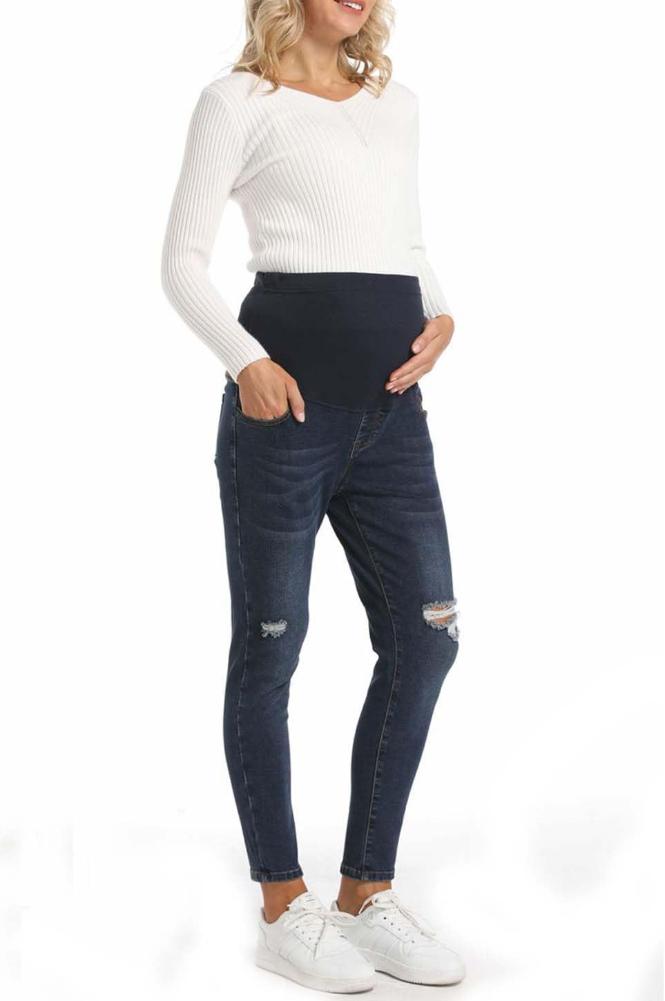 Maternity Jeans over the Belly Slim Stretch Maternity Denim Pants Casual Maternity Ripped Pants image number 6