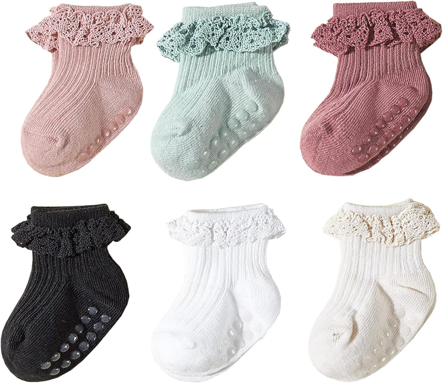 Meeshine Baby Toddler Girls anti Slip Ruffle Socks with Grips Newborn Infant Cotton Non Skid Frilly Dress Socks, 5 Packs