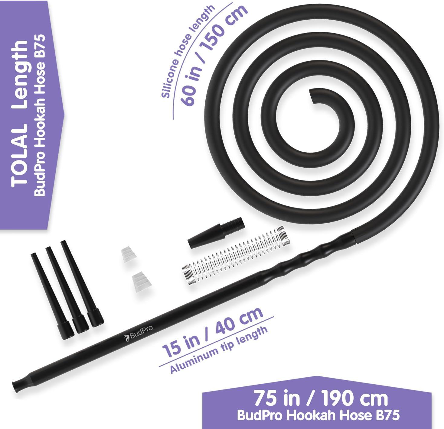 Budpro Long Silicone Hookah Hose B75 190Cm with Aluminum Handle and Spring to Prevent Hookah Hose Flexion image number 3