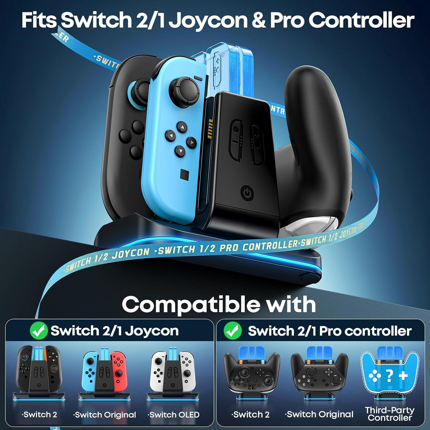 Switch Controller Charger for Joycon 2/1 & Pro 2/1 Controller, Switch Charging Dock with 9 RGB Light Modes, 6 in 1 Joycon Charger Dock for 4 Joycons and 2 Pro Controllers with LED Indicator image number 1