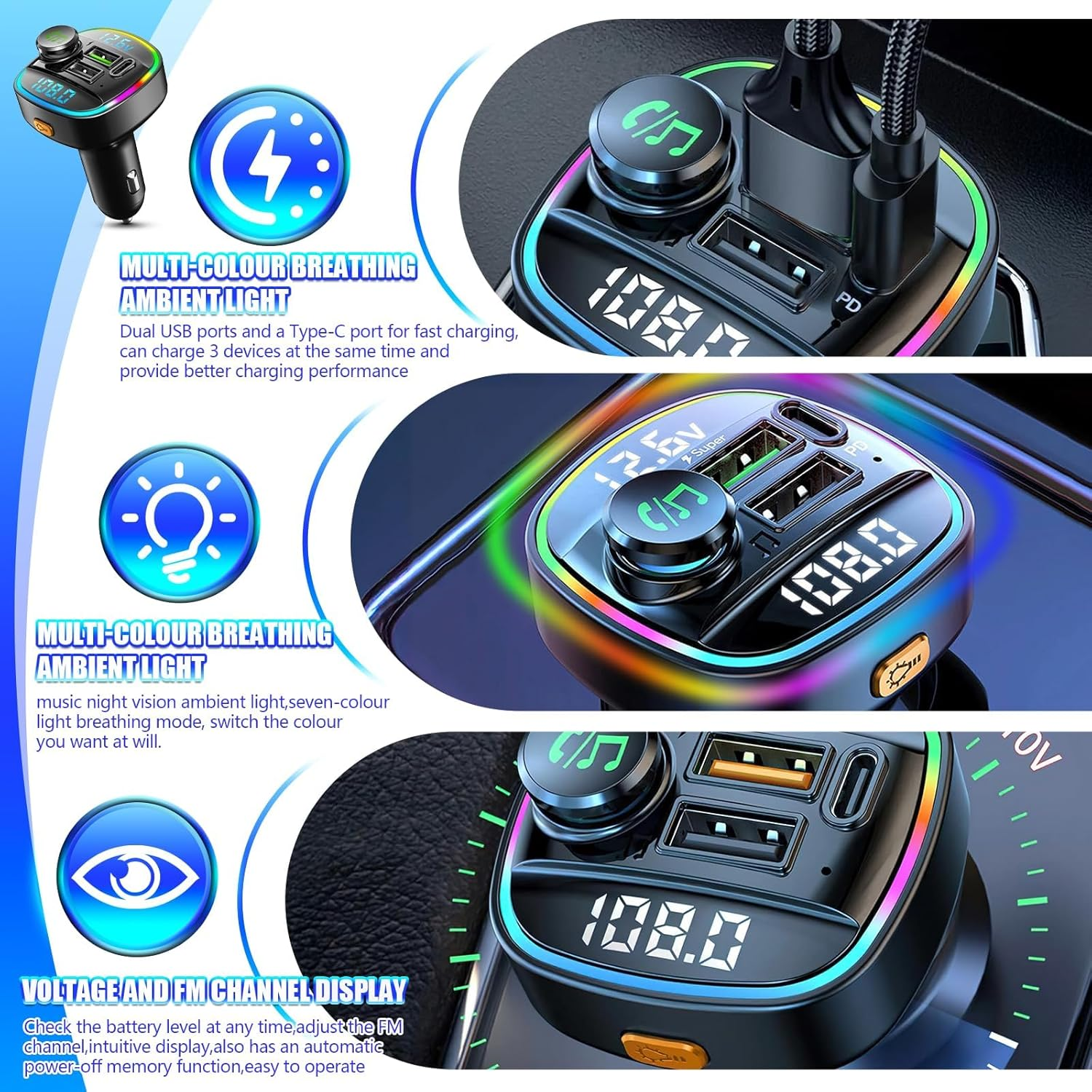 FM Transmitter,Bluetooth 5.4 FM Transmitter Car Adapter,48W （PD 36W & 12W） Fast Charger, 7+1Color LED Light, Hands-Free Calling, Bass Boost Hi-Fi Sound, Support U Disk/Tf Card & Voice Assistant(Usb image number 5