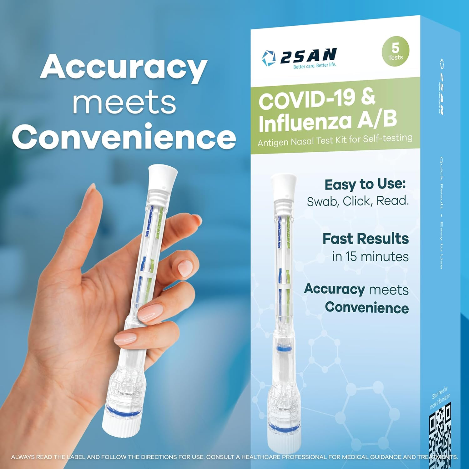 2San COVID-19 & Flu A/B Test &ndash; Results in 15 Minutes &ndash; 5-Pack (5 Test) &ndash; Rapid Antigen Home Test &ndash; Clinically Accurate &ndash; Easy, Non-Intrusive Nasal Swab &ndash; Detects Flu & COVID image number 2