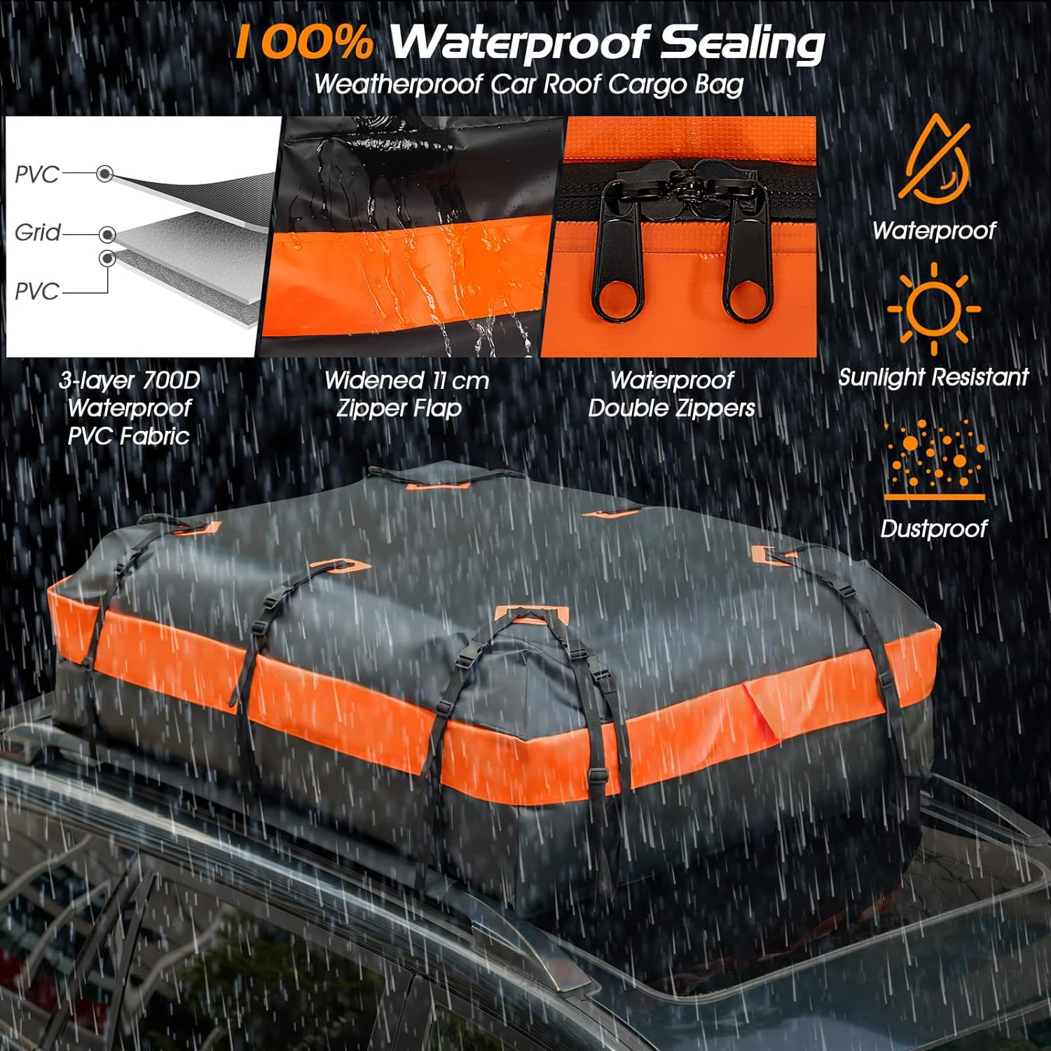 Costway 595 L Rooftop Cargo Carrier, Waterproof Car Roof Bag for All Vehicles With/Without Rack, Roof Top Luggage Bag, Anti-Slip Mat, 10 Reinforced Straps, 6 Door Hooks Included (595L) image number 1