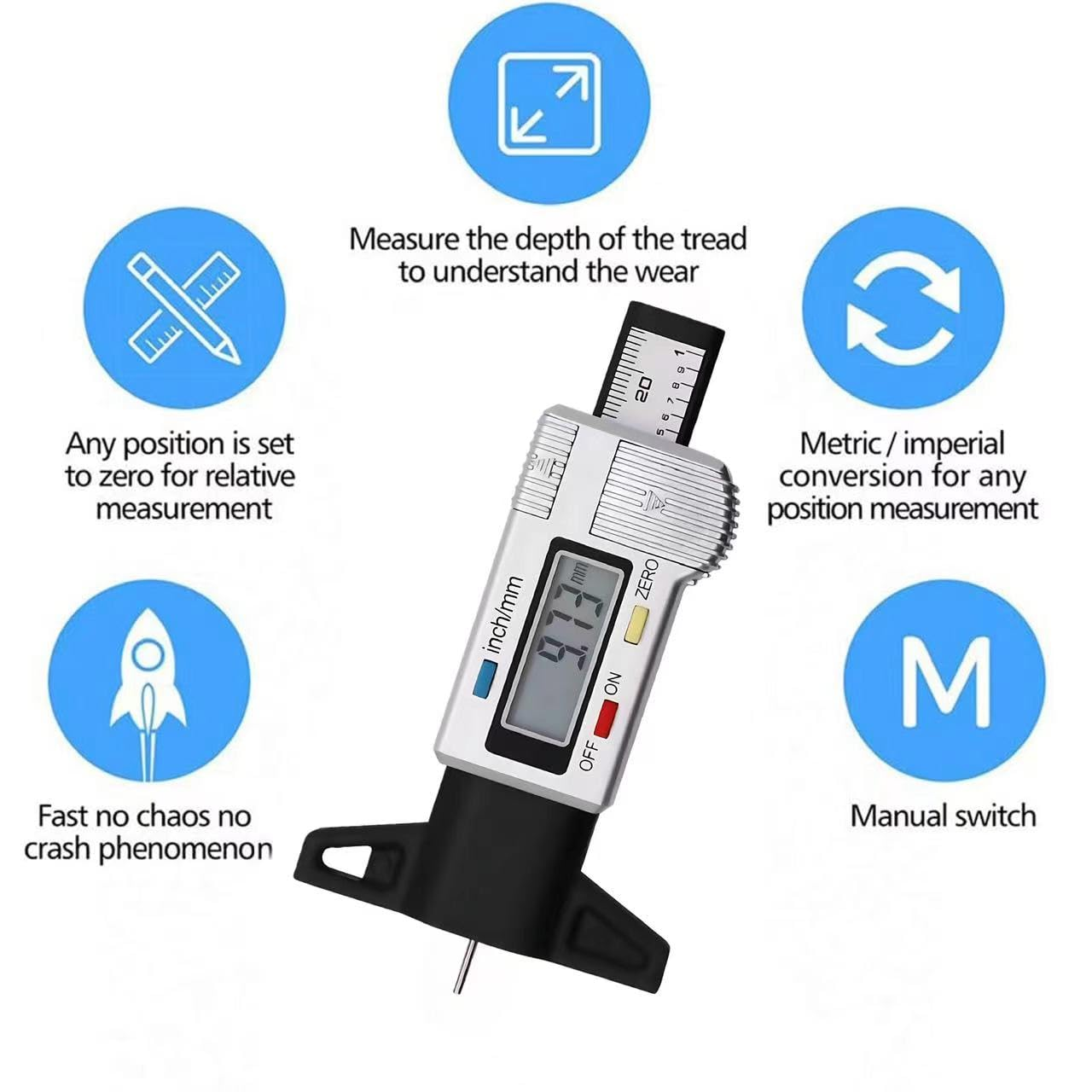 Tire Tread Depth Gauge, Digital Tire Tread Depth Gauge LCD with Inch and MM Conversion of 0-0.98 Inches, Tread Checker Tire Tester for Cars Motorcycle Trucks Vans SUV (Silvery) image number 3