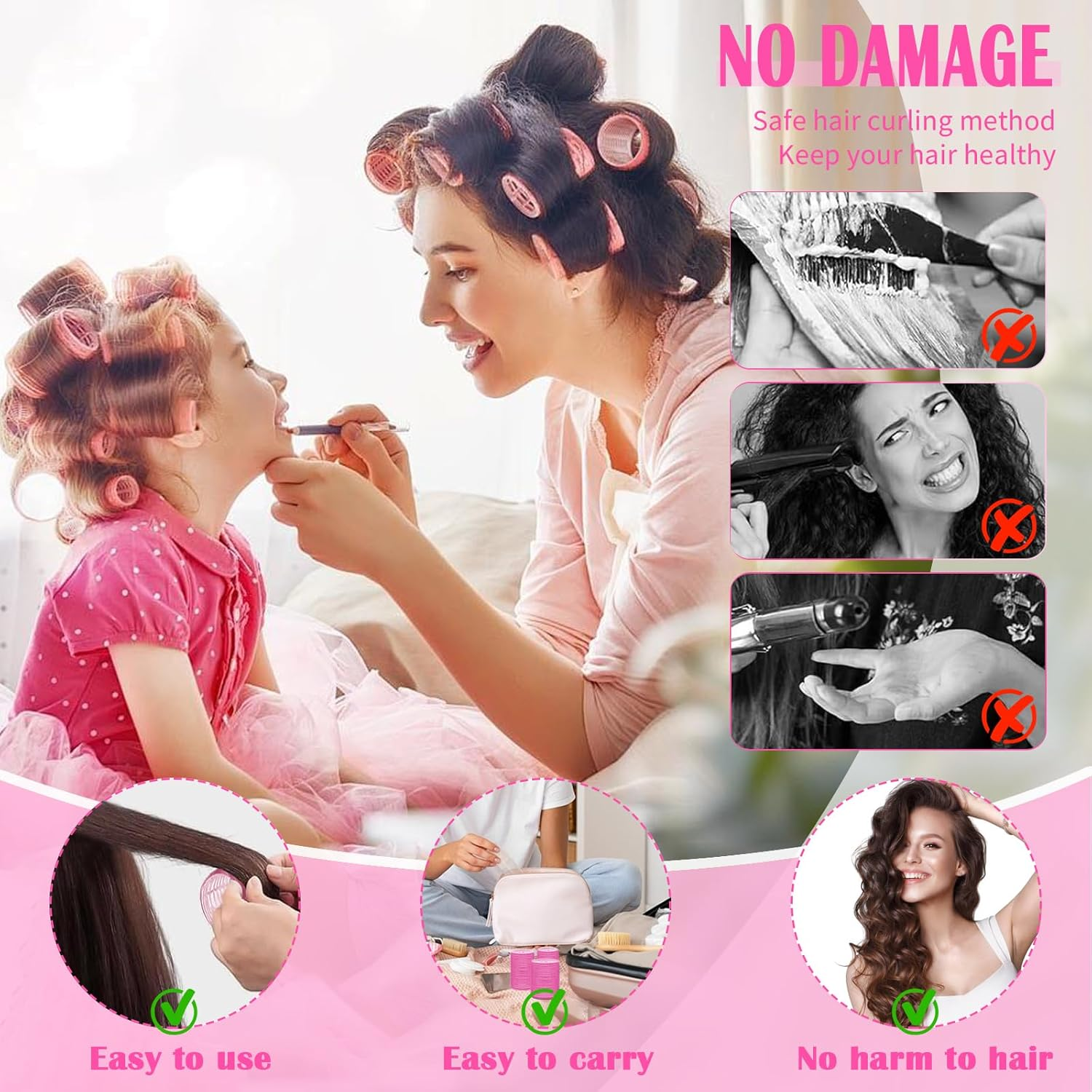 Jotia 50Pcs Hair Rollers Set, Including 24Pcs 25Mm/36Mm/48Mm/60Mm Self Grip Curler Roller, Clips, Comb and Storage Bag, Hair Heatless Roller Hair Curlers Set for All Hair Types (Rose Red) - Rose Red image number 5