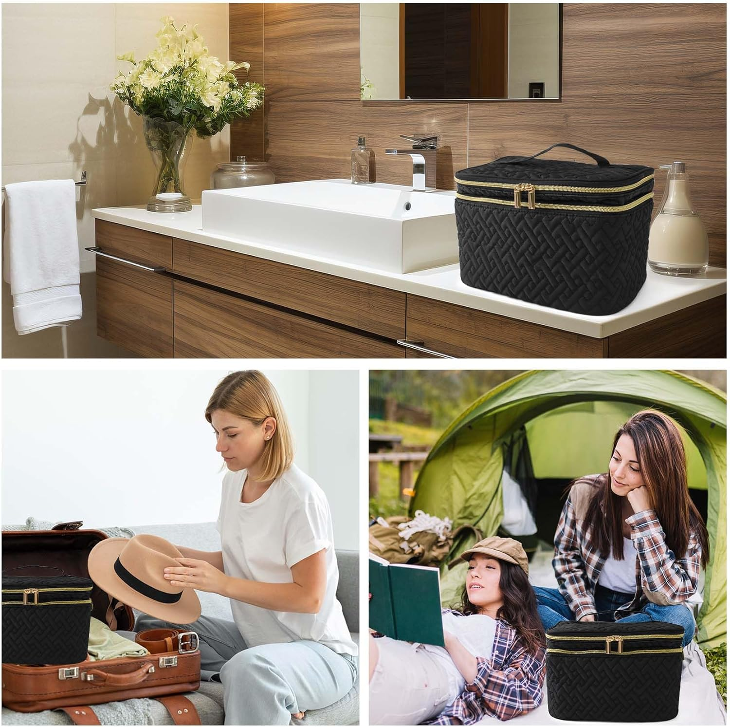 Makeup Bag Organiser for Women, Large Double Layer Cosmetic Make up Bag with Brush Compartment, Portable and Water-Resistant Toiletry Bag Travel Essentials, Black image number 2