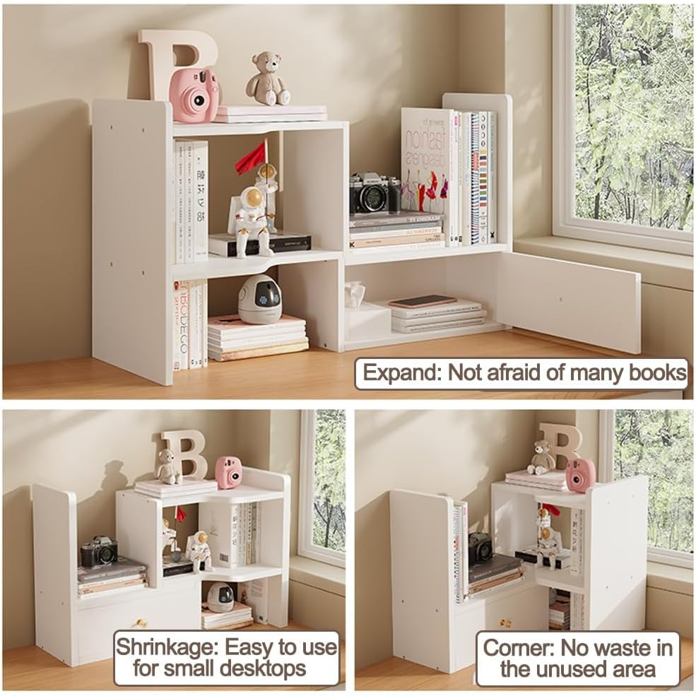 Desktop Bookshelf, Desktop Shelf Desk Organizer Dormitory Study Desk Multilayer, 60Cm Lenghth White, White Right Door 30CM