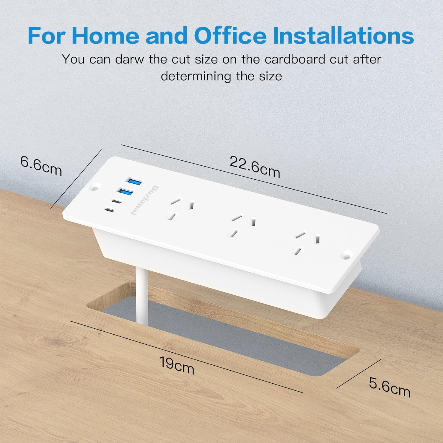Recessed Power Board with 3 Outlets 4 USB Ports (2&times;USB-C, 2&times;USB-A), 10A/2400W, 2M Extension Cord, Space-Saving Drawer Outlet Flush Mount Power Strip for Desk, Home Office (White)