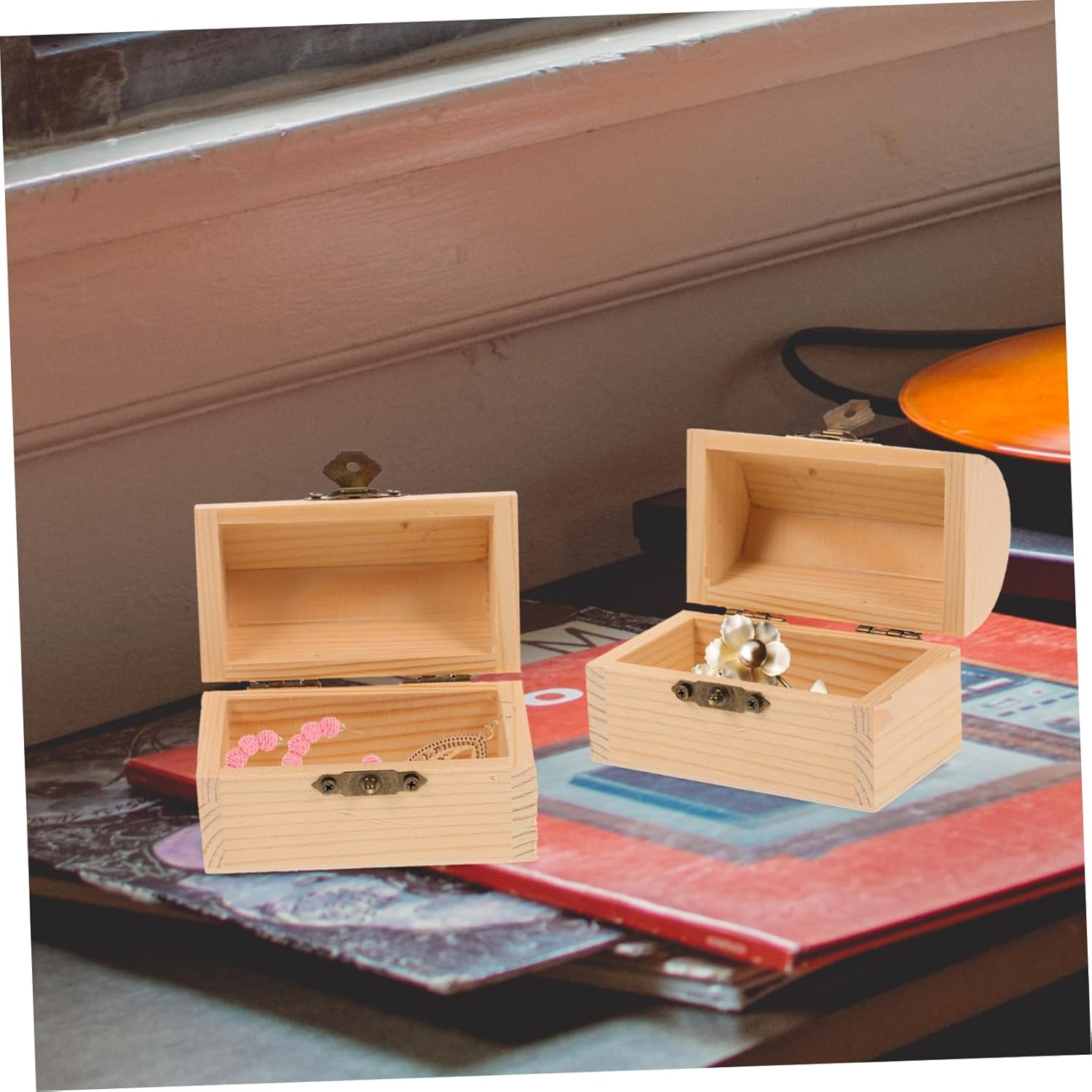 Wooden Treasure Box Small Size Lock 2Pcs Mediterranean Style Storage Chest Wood Organizer Decorative Packing Box for Home and Random Style image number 6