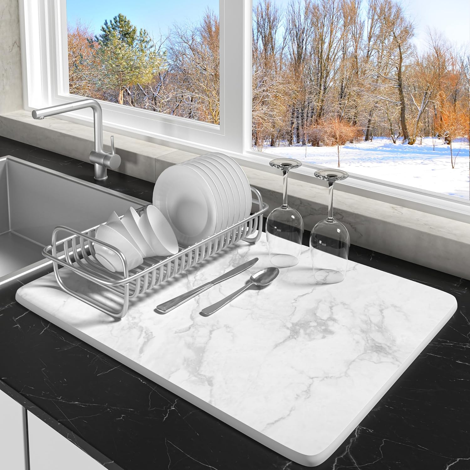 Stone Drying Mat for Kitchen Counter Marble Stone Dish Drying Mat, Super Absorbent Quick Drying Diatomite Stone Dish Drying Mat &mdash; Non-Slip & Heat Resistant, with 8 Non-Slip Mat, 16.5X12.6 White image number 4