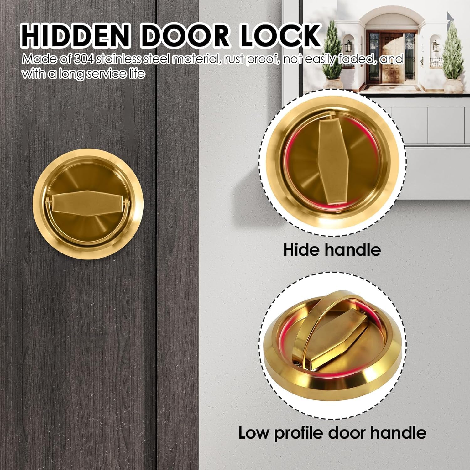 Stainless Steel 304 Black round Recessed Door Lock, Hidden Recessed Install Cup Door Knob Lock, Recessed Door Handles Pulls Latch Knob, Pocket Door Handle without Keys (Gold) image number 4