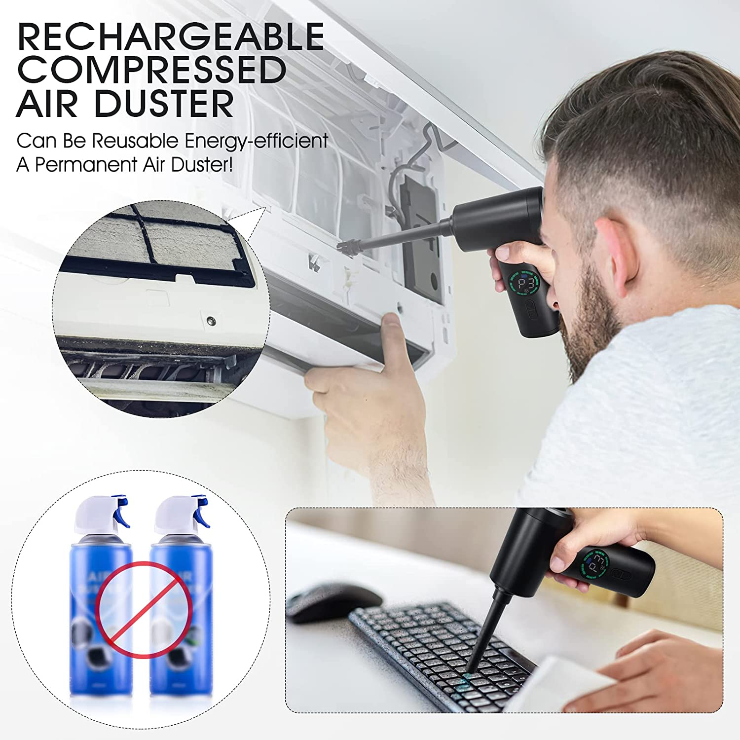 Compressed Air Duster, 110000RPM Electric Air Duster & Vacuum Cleaner 2 in 1 Rechargeable 7600Mah Cordless, Keyboard and Computer Cleaner, Replaces Compressed Air Cans image number 5